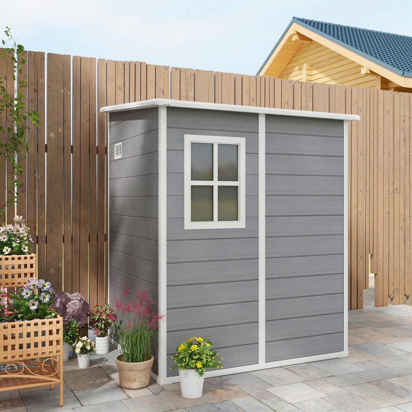 Aluminum tool shed with roof and lockable door, gray
