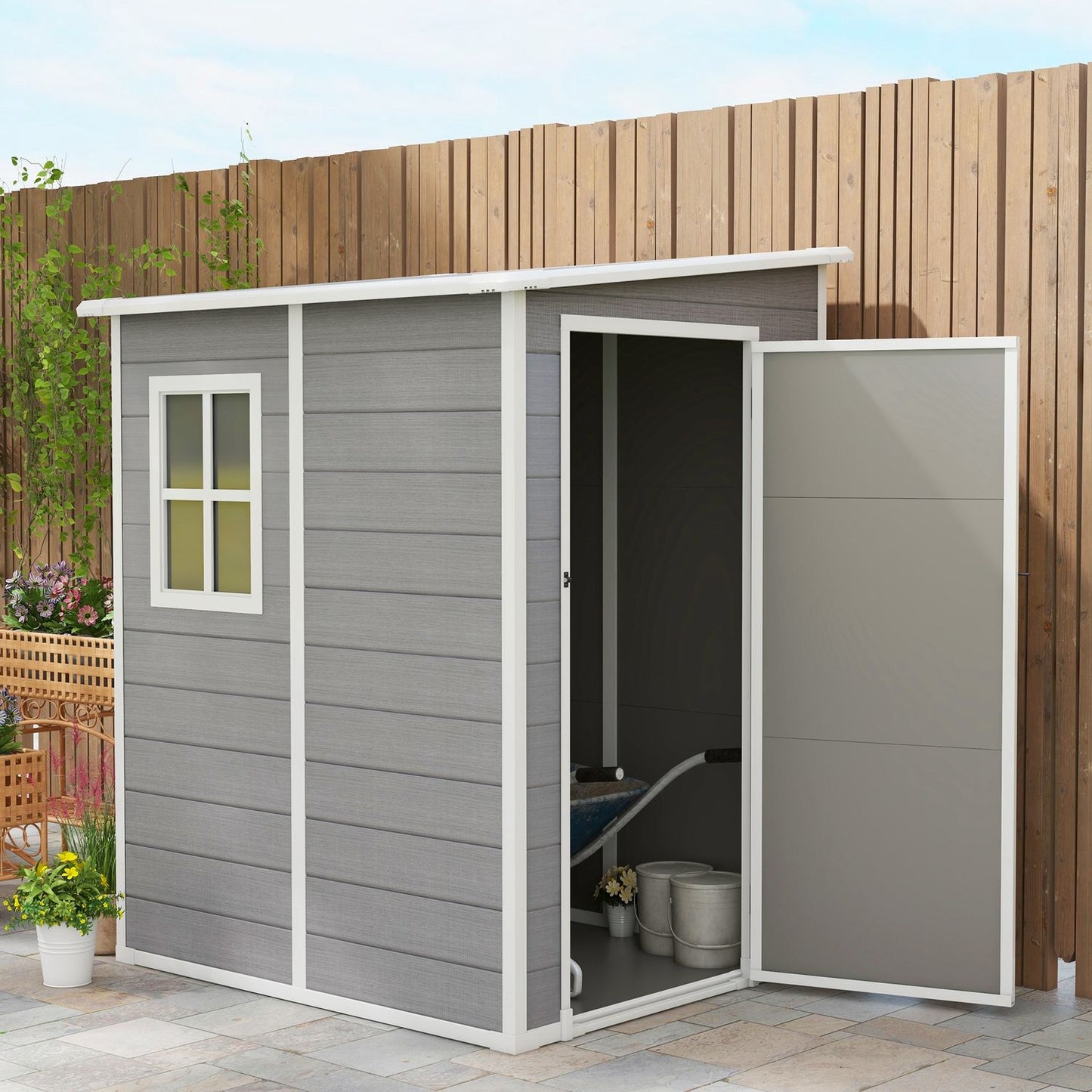 Aluminum tool shed with roof and lockable door, gray