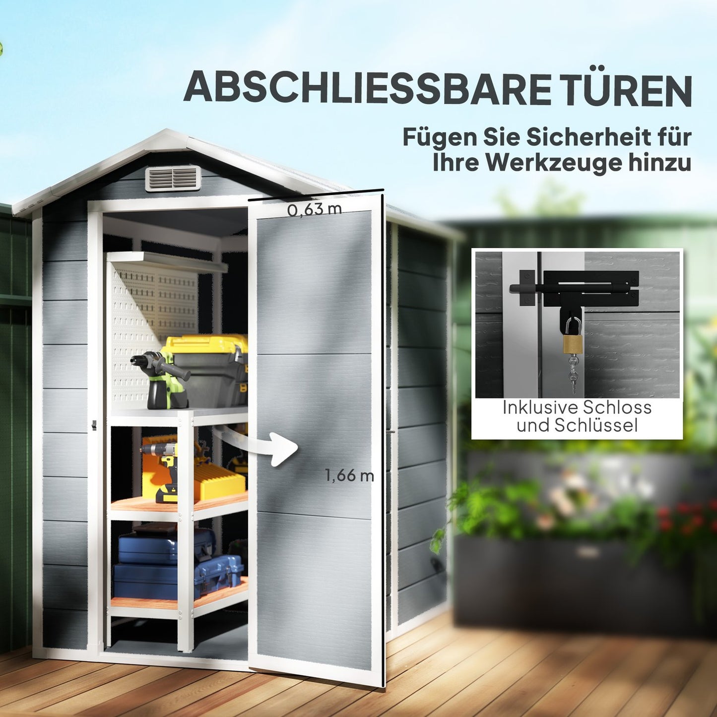Waterproof aluminum garden shed with lockable door and floor