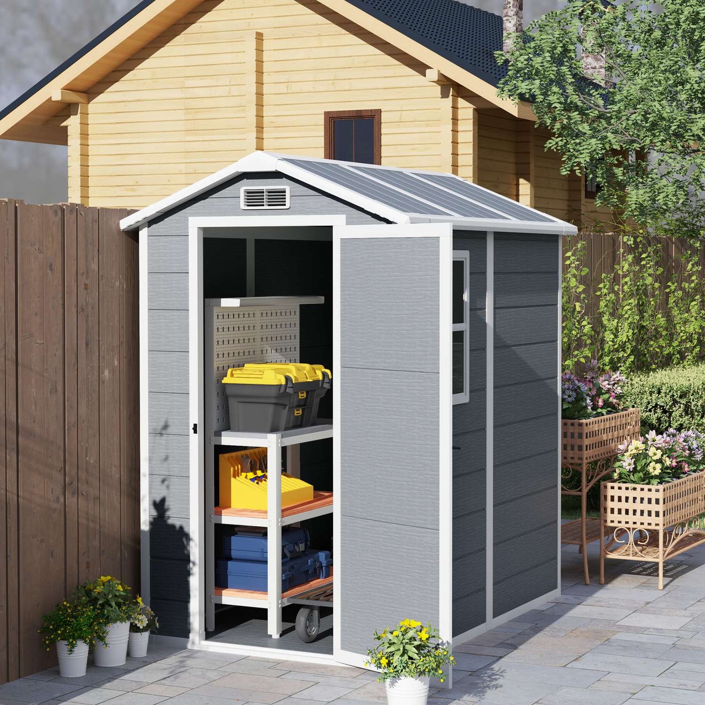 Waterproof aluminum garden shed with lockable door and floor