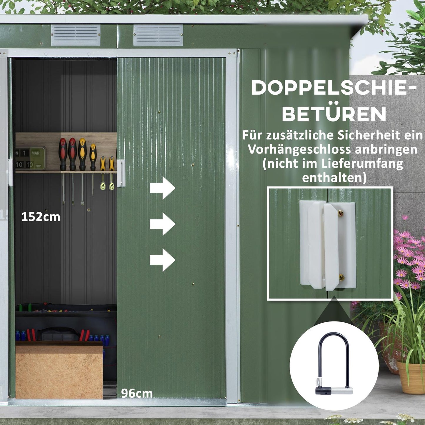 Garden shed in green steel - weatherproof with ventilation and door