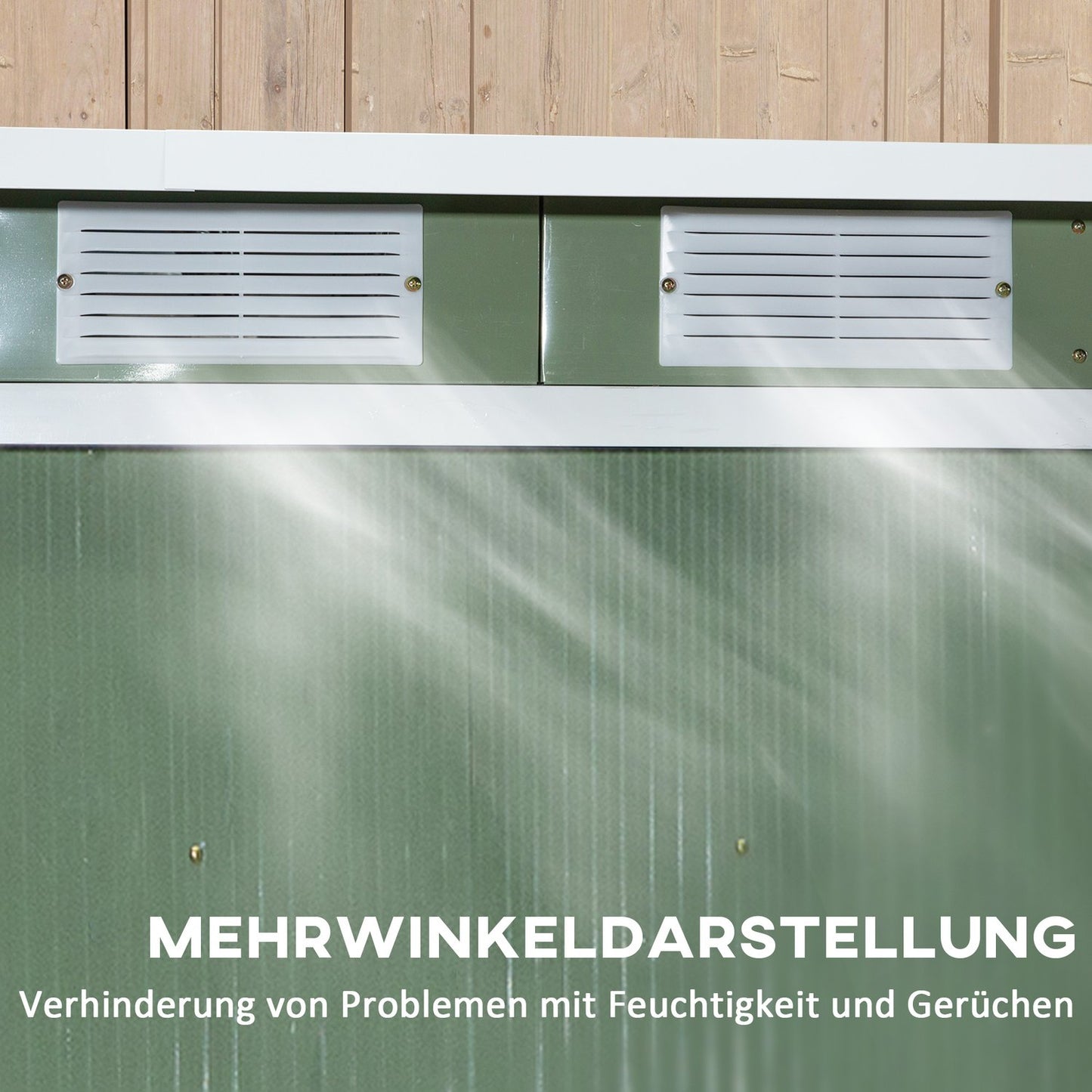 Garden shed in green steel - weatherproof with ventilation and door