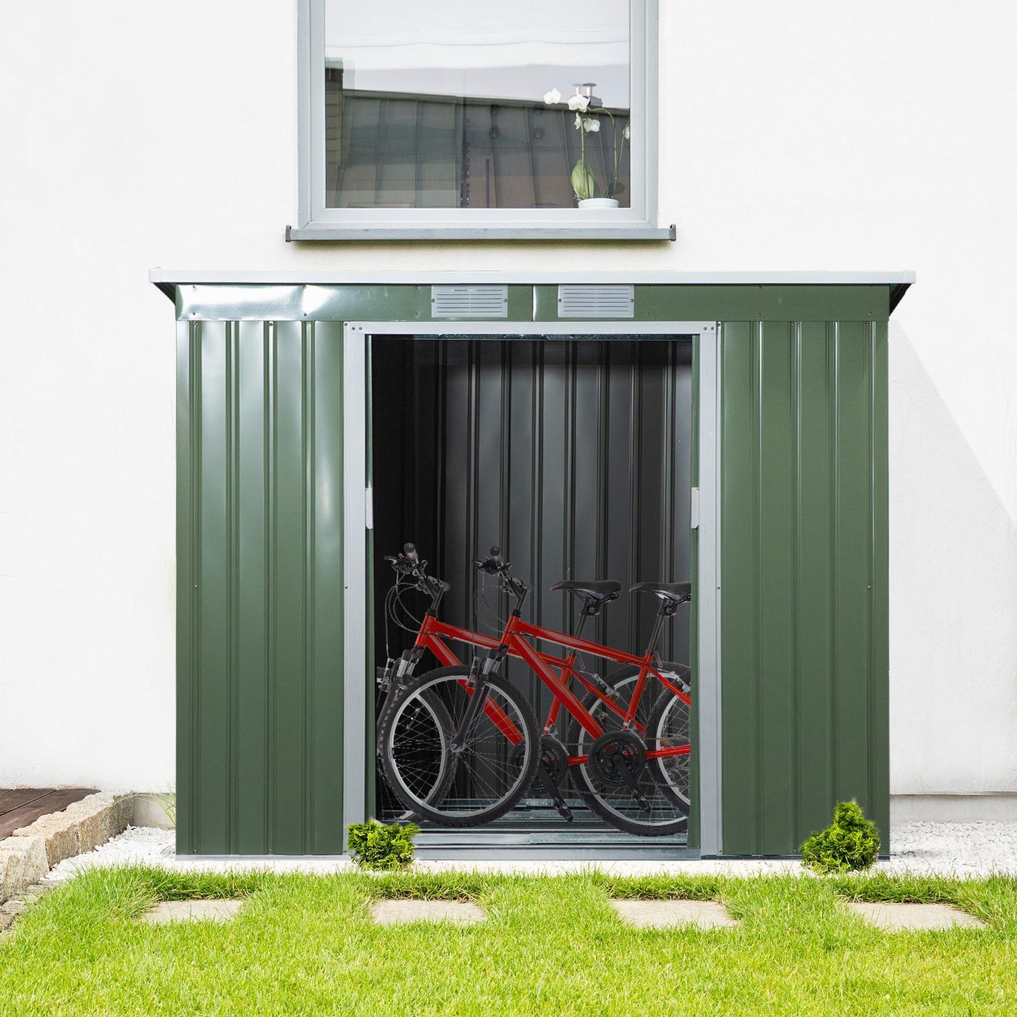Garden shed in green steel - weatherproof with ventilation and door