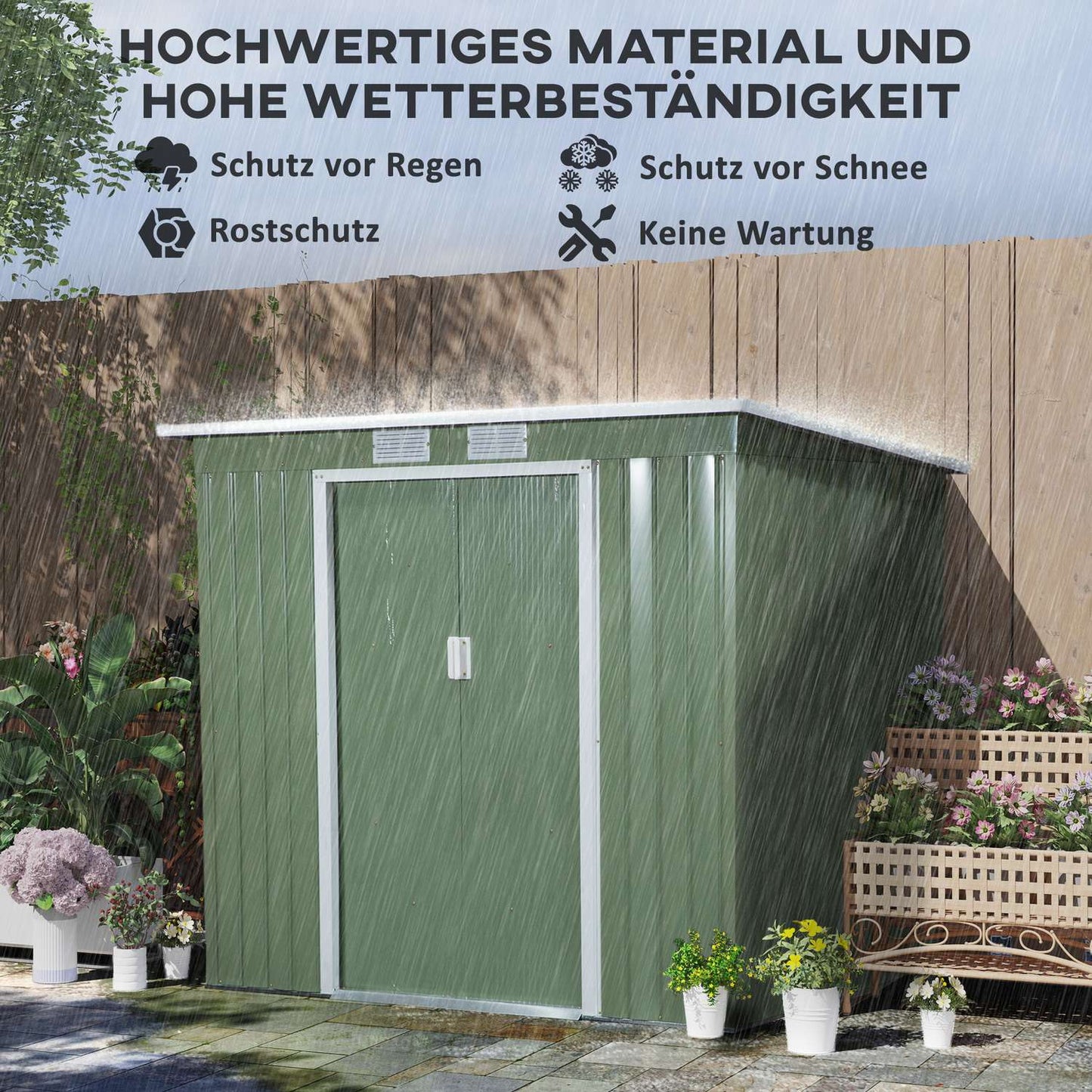 Garden shed in green steel - weatherproof with ventilation and door