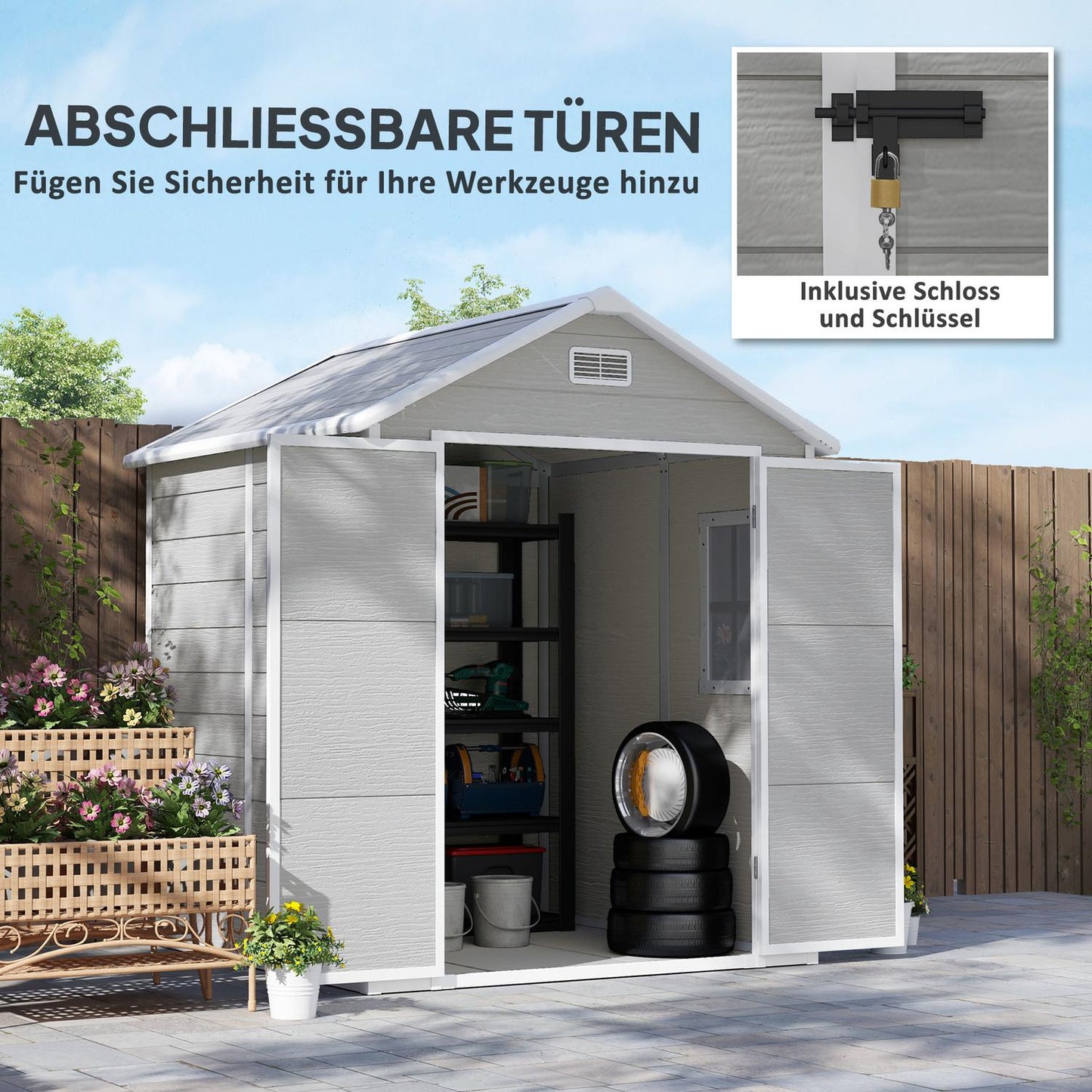 Waterproof tool shed in aluminum with floor and lockable door