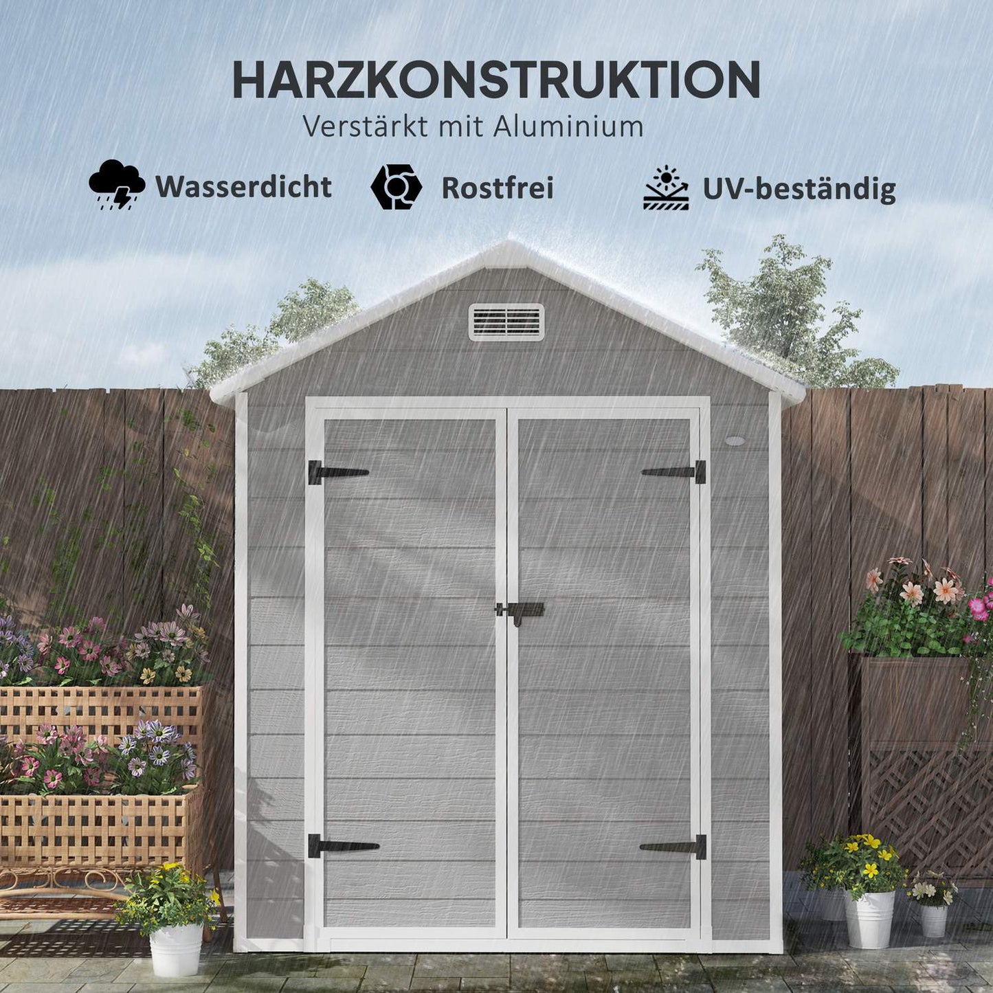 Waterproof tool shed in aluminum with floor and lockable door
