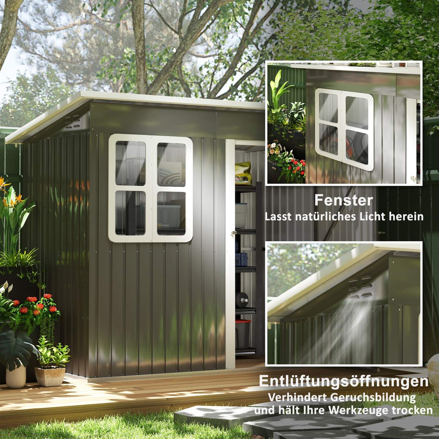 Steel garden tool shed with roof, lockable door, 2.55 m²