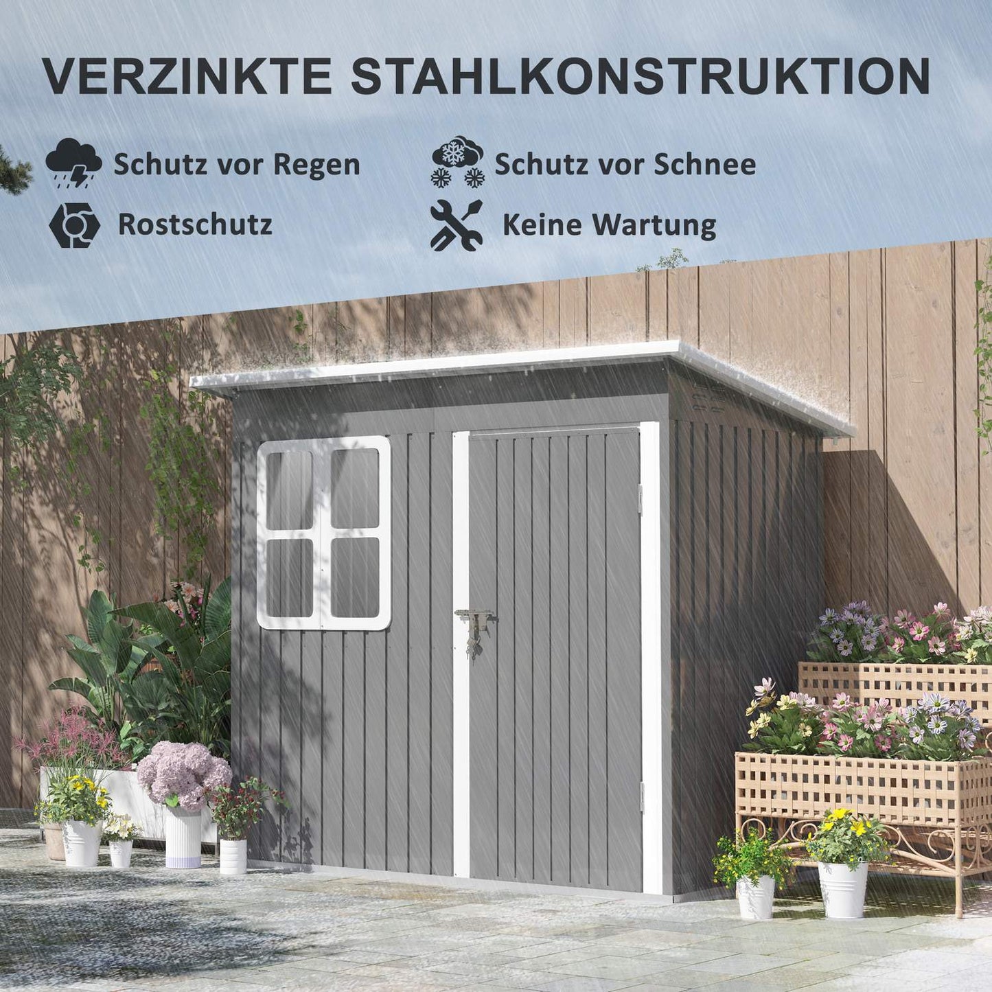 Steel garden tool shed with roof, lockable door, 2.55 m²