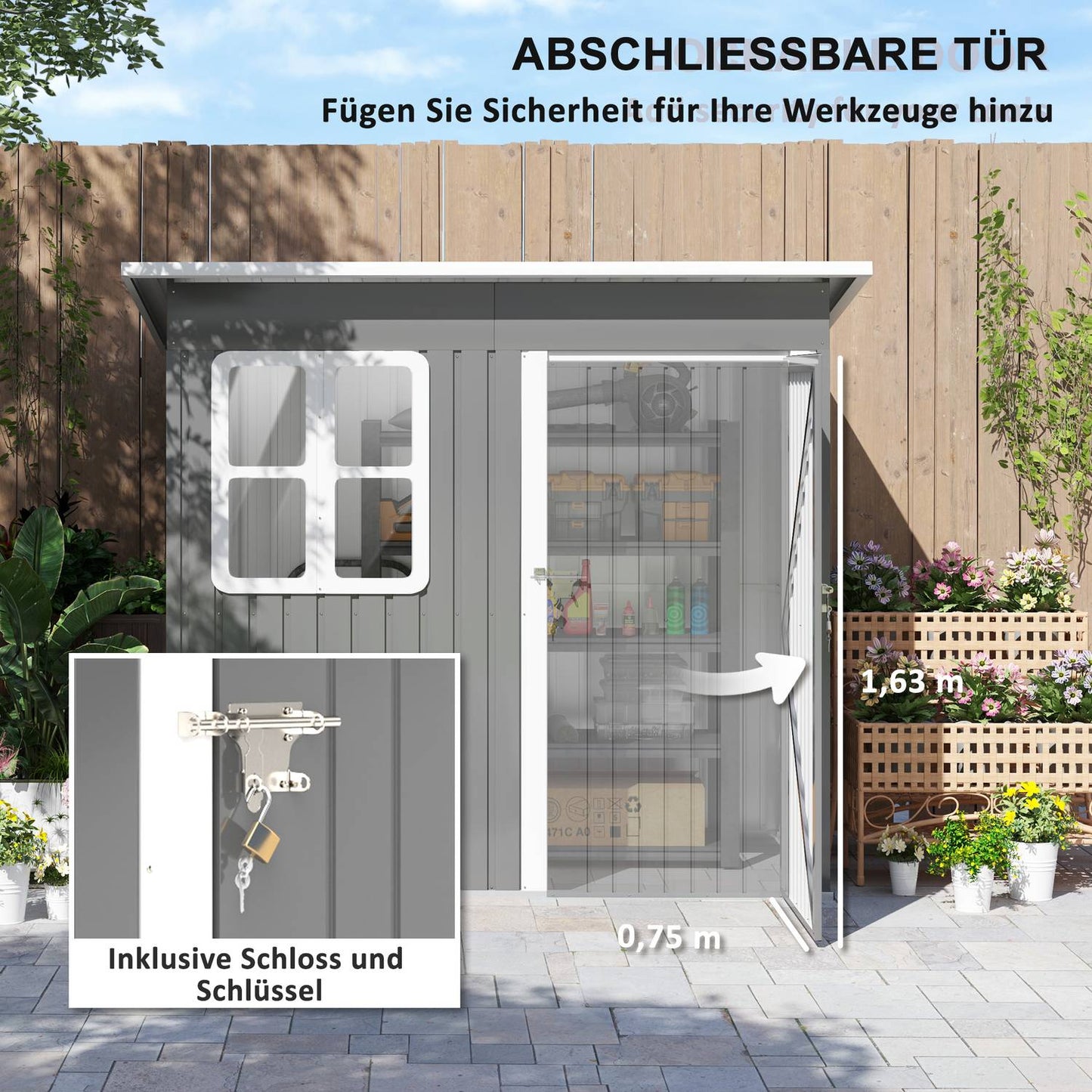 Steel garden tool shed with roof, lockable door, 2.55 m²