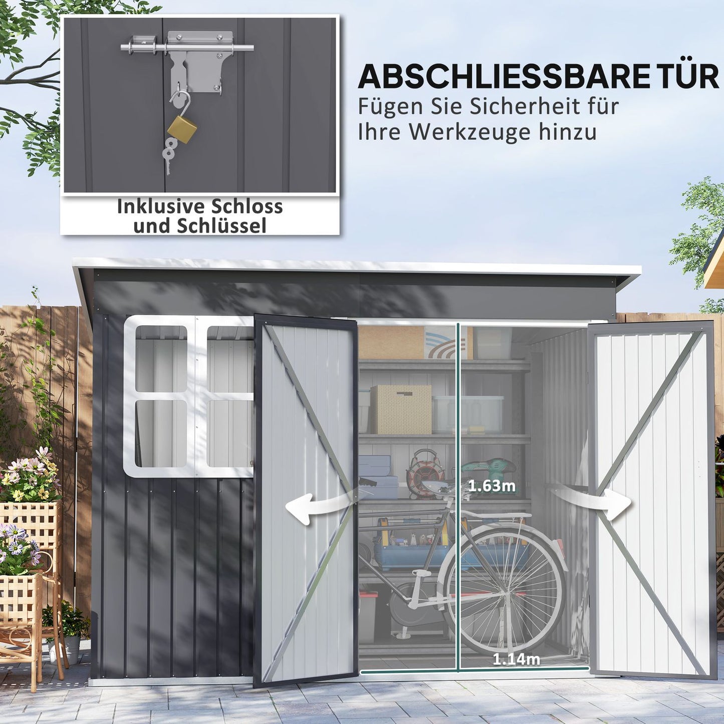 Garden tool shed in steel, 260x177x190 cm, Lockable door