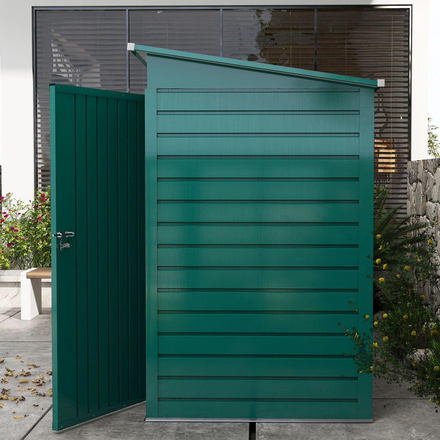 Garden shed with roof in green steel with lockable doors