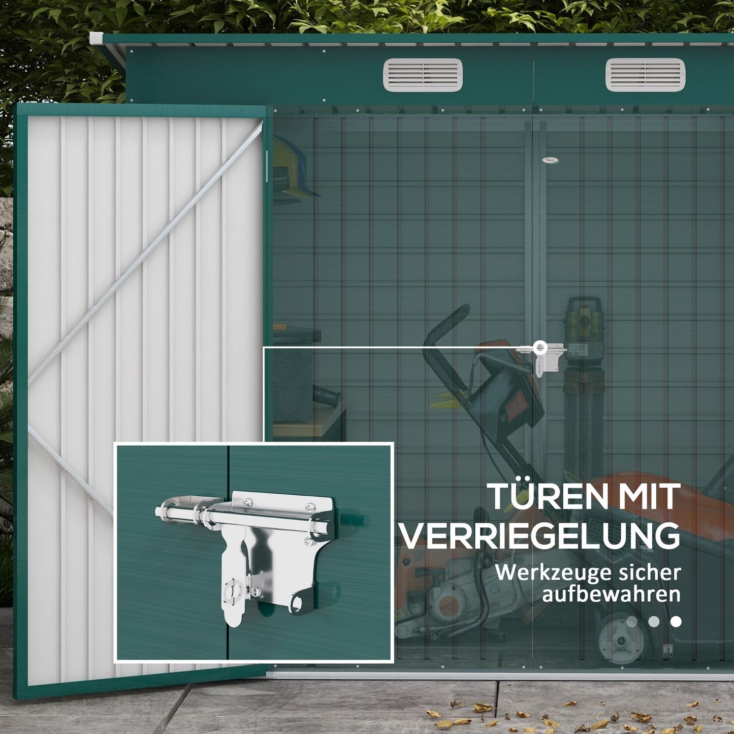 Garden shed with roof in green steel with lockable doors