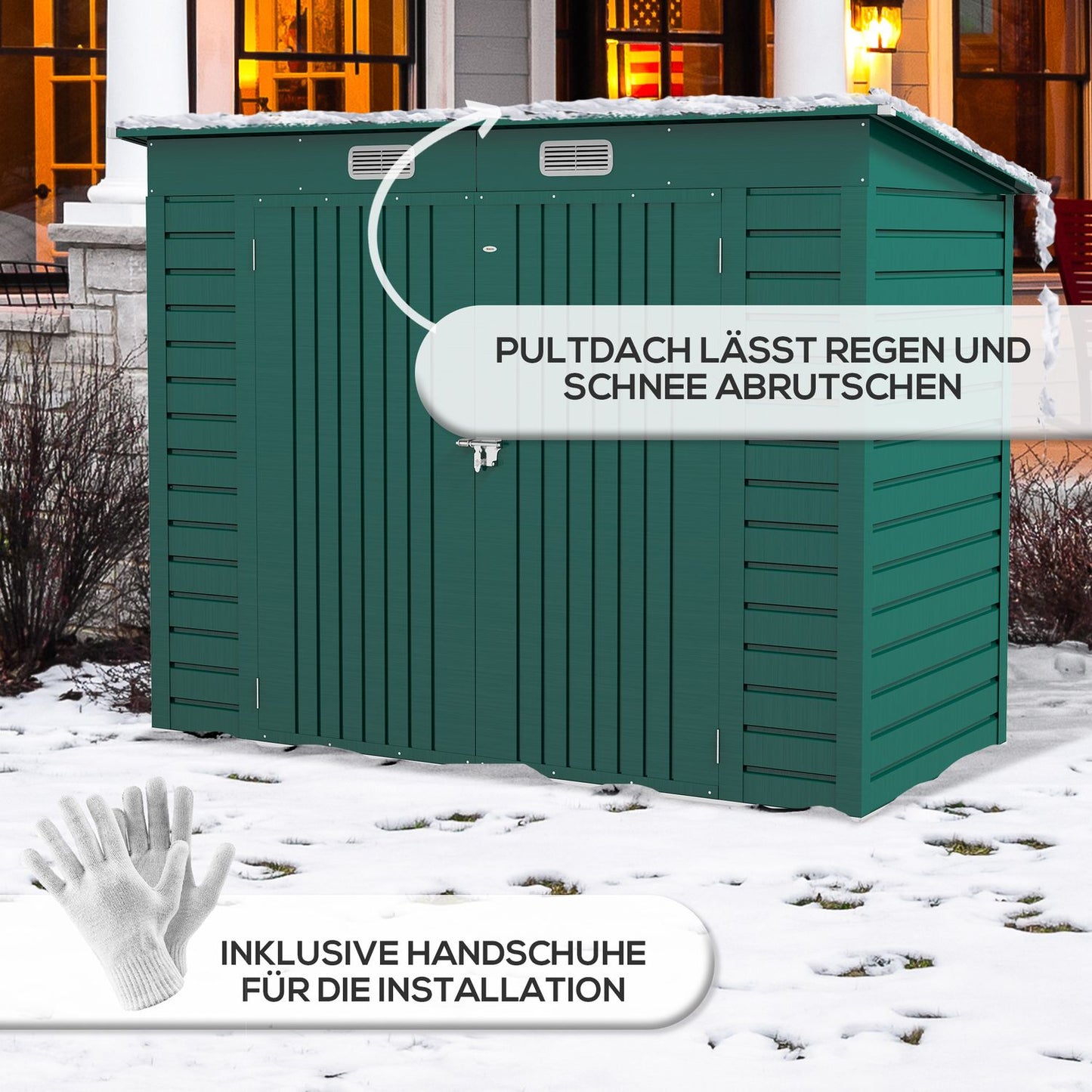 Garden shed with roof in green steel with lockable doors