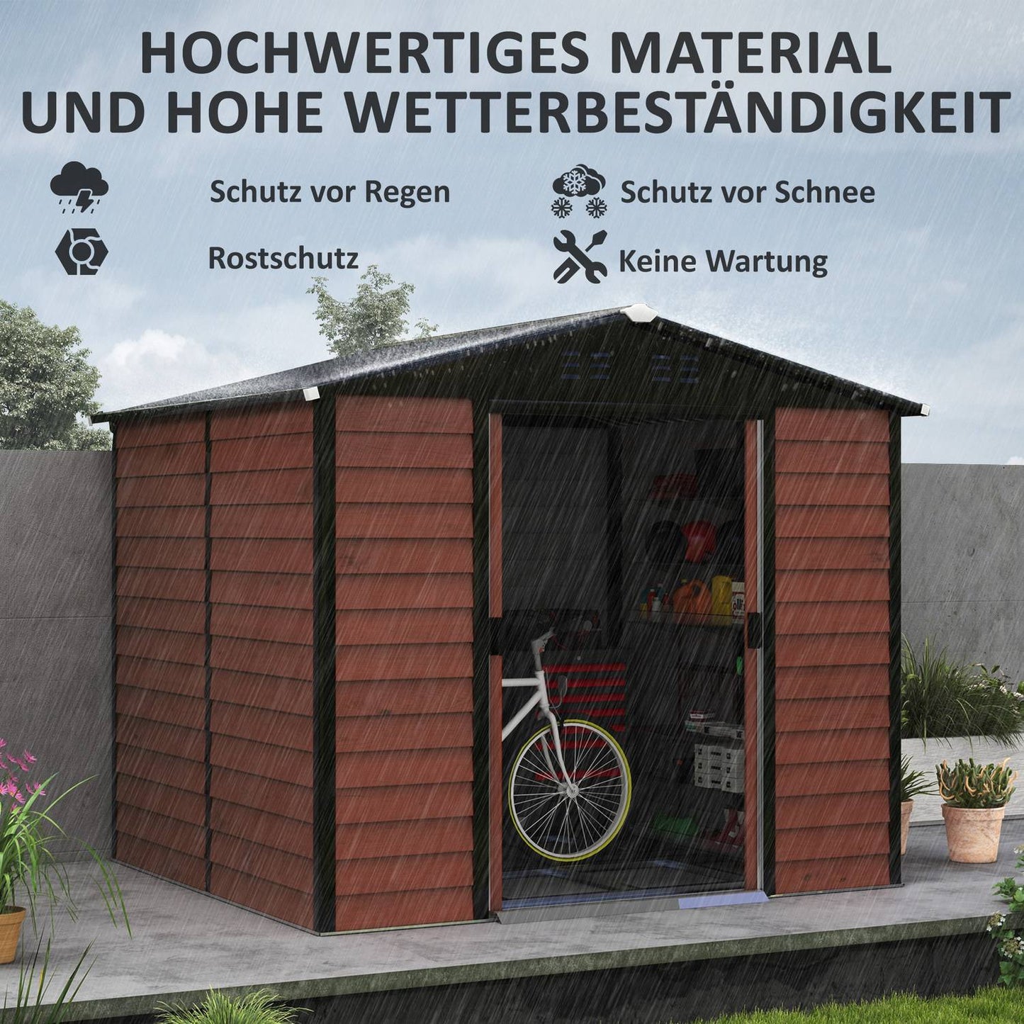 Weather-resistant teak steel Garden shed, 4.4m², sliding door