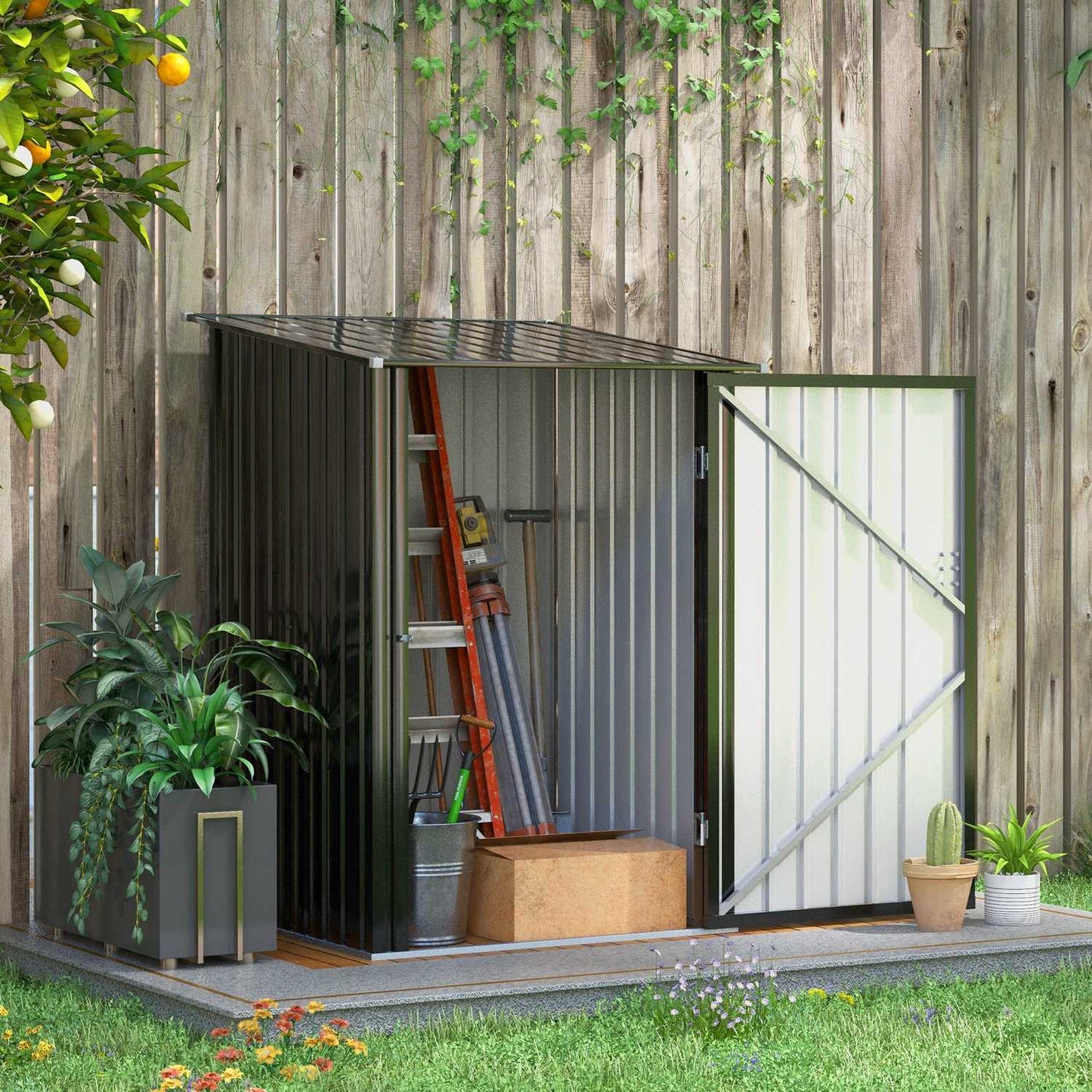 Dark gray metal garden tool shed, 1x1m galvanized steel