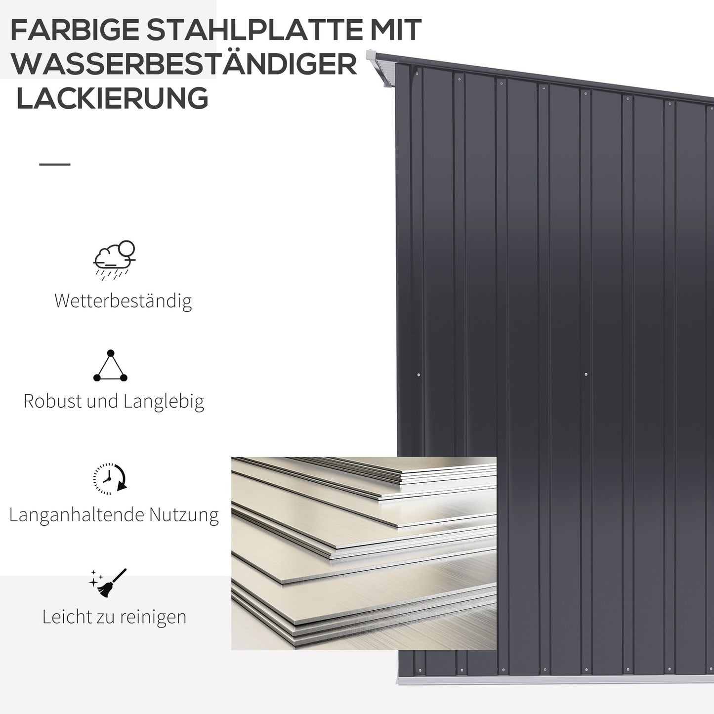 Dark gray metal garden tool shed, 1x1m galvanized steel