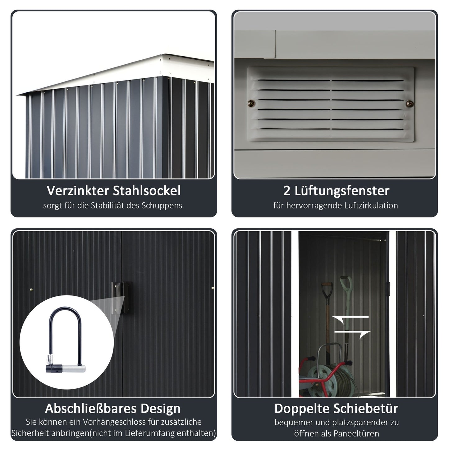 Outdoor tool shed in steel with sliding door, ventilation window