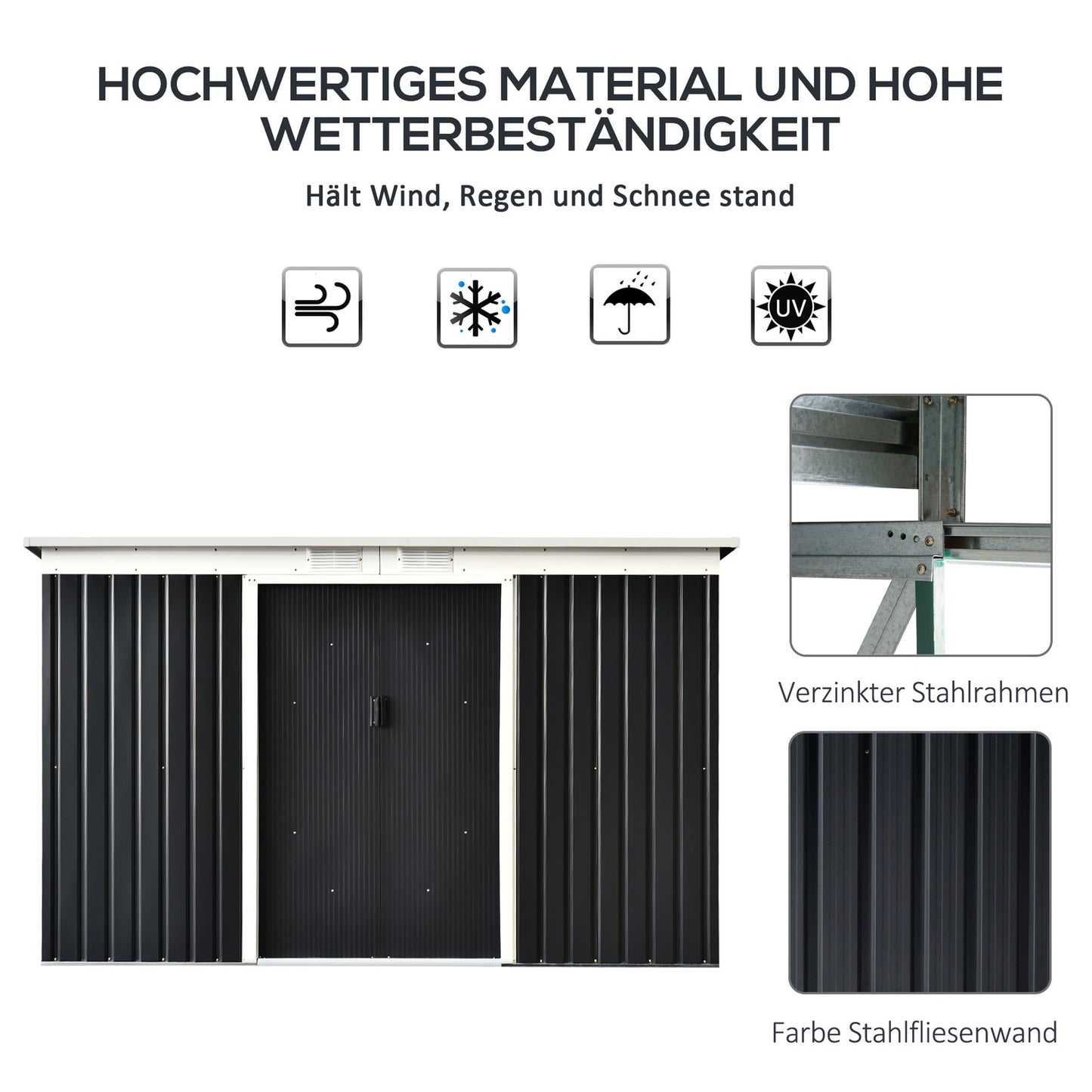 Outdoor tool shed in steel with sliding door, ventilation window