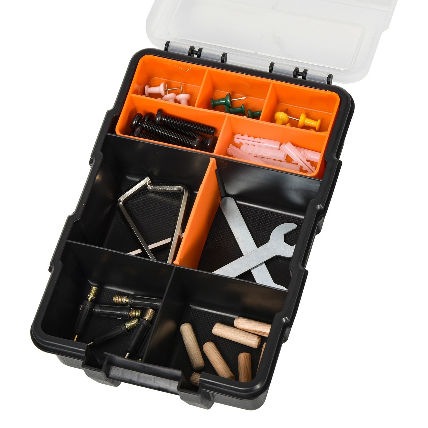 Multifunctional tool storage box, 4-part, plastic, orange/black