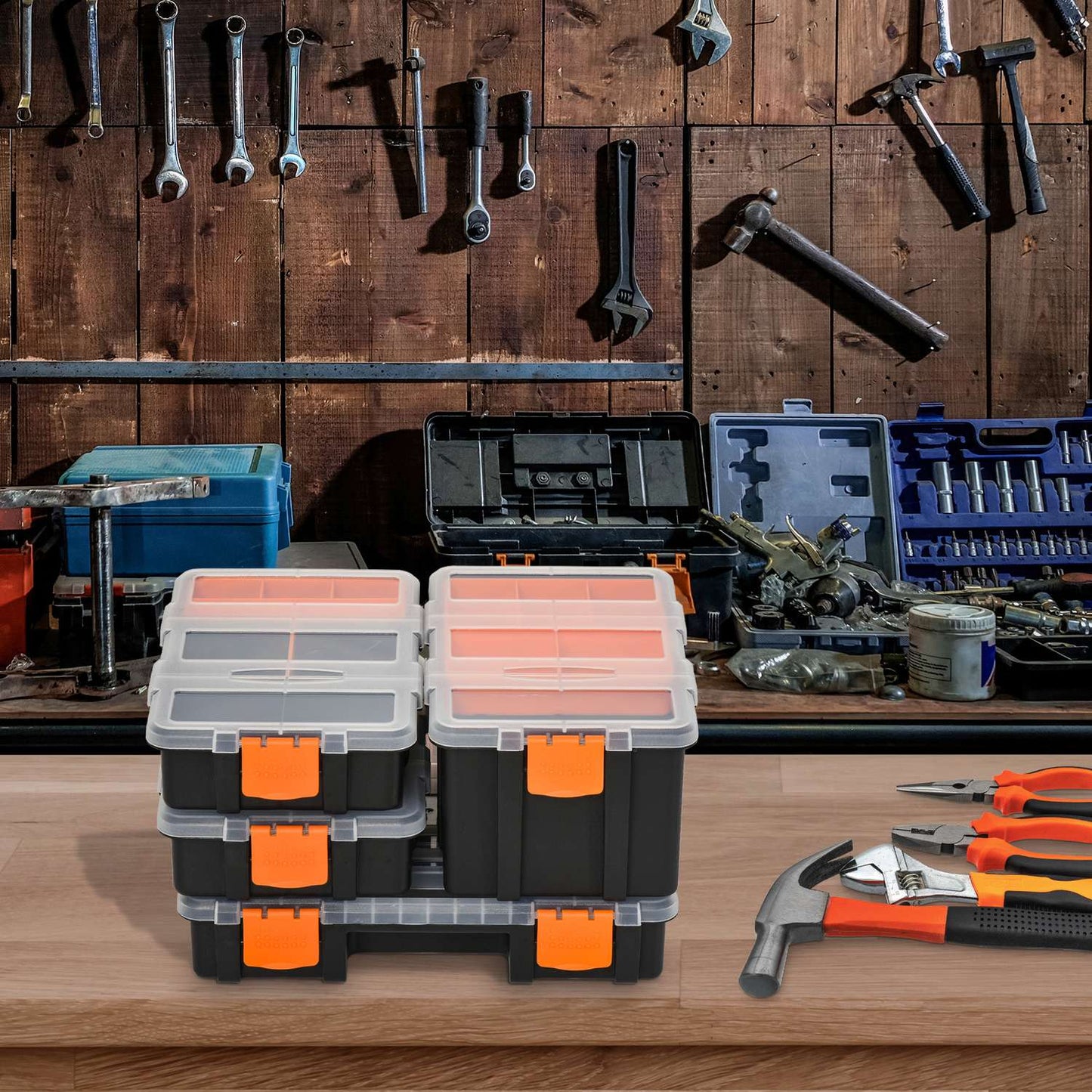 Multifunctional tool storage box, 4-part, plastic, orange/black