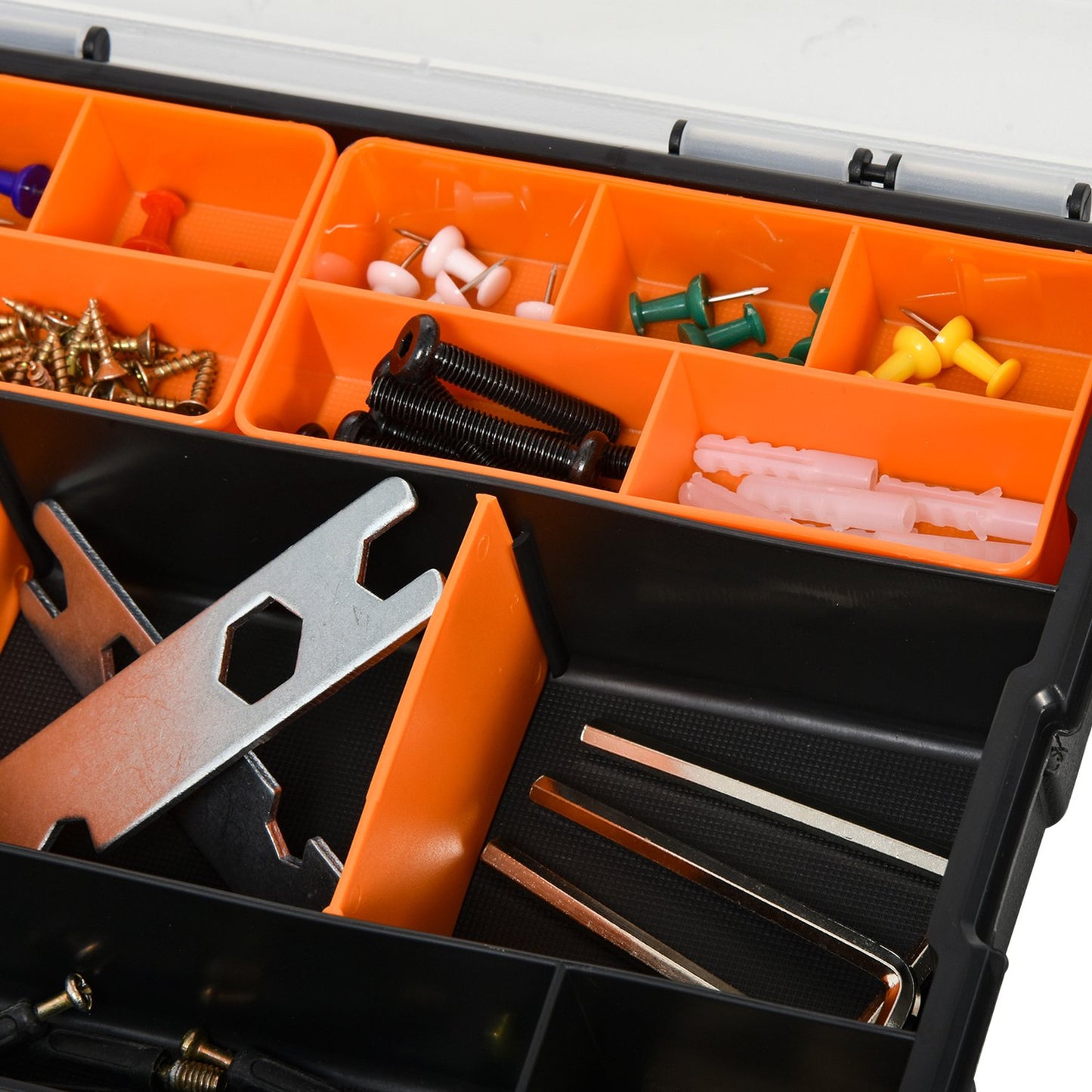 Multifunctional tool storage box, 4-part, plastic, orange/black