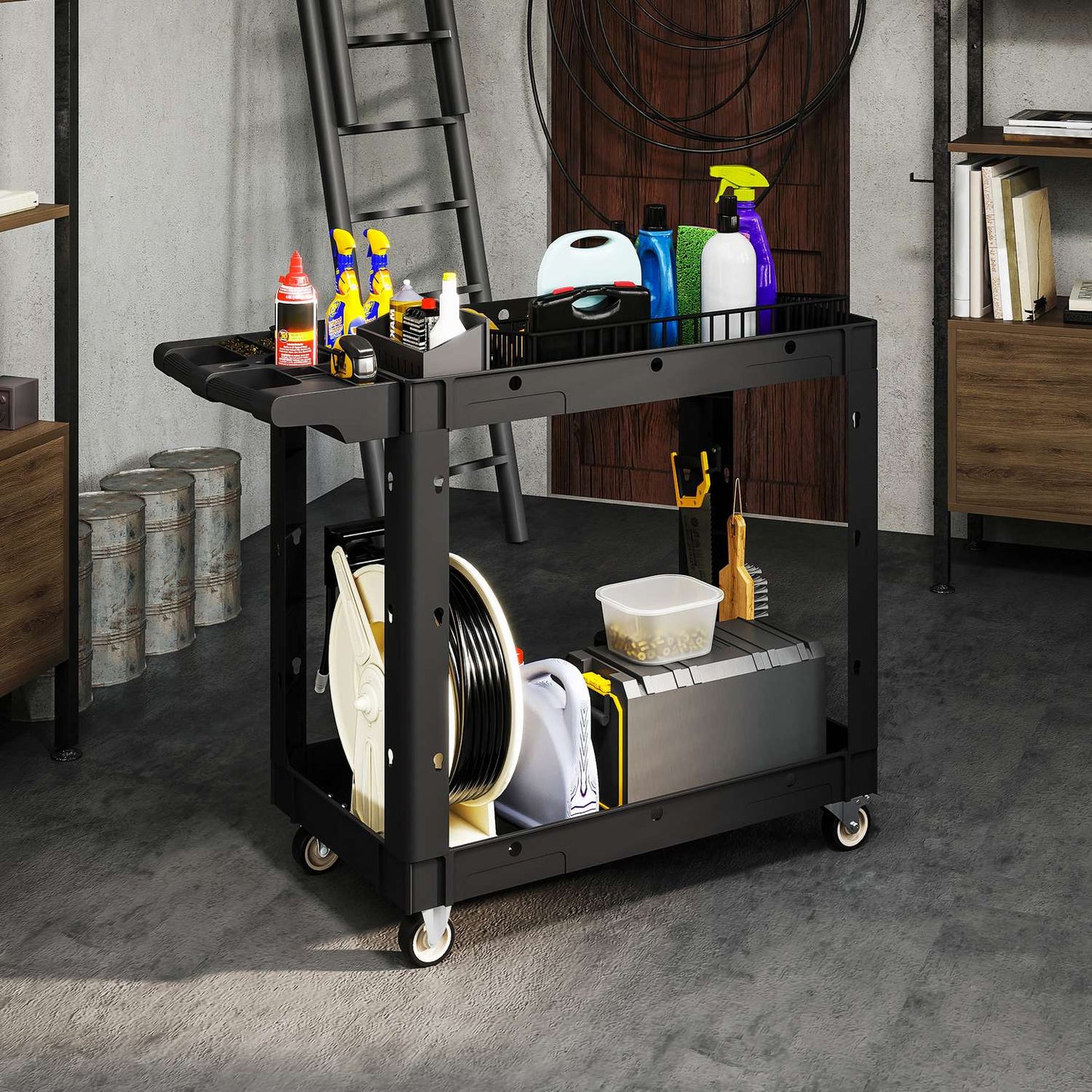 Tool Cart with 2-Tier Shelves, Handle & Wheels