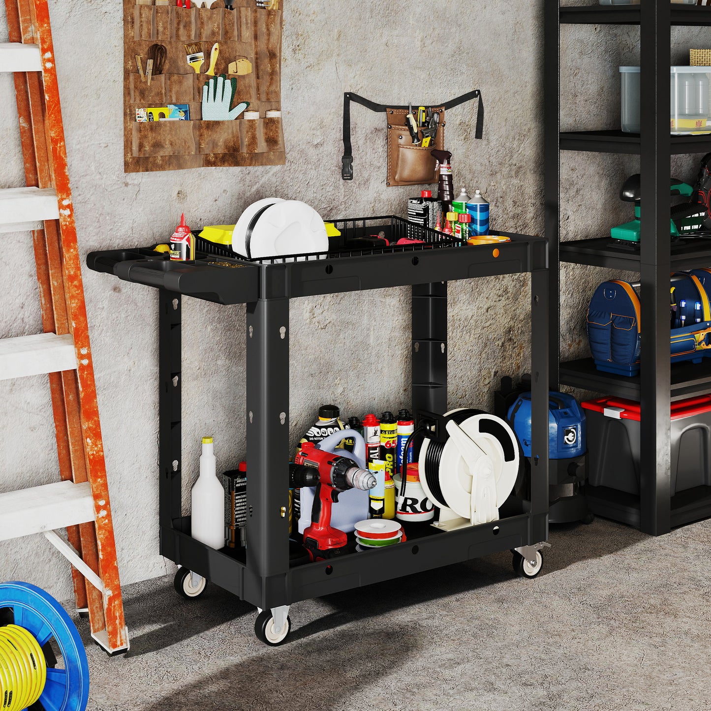 Tool Cart with 2-Tier Shelves, Handle & Wheels