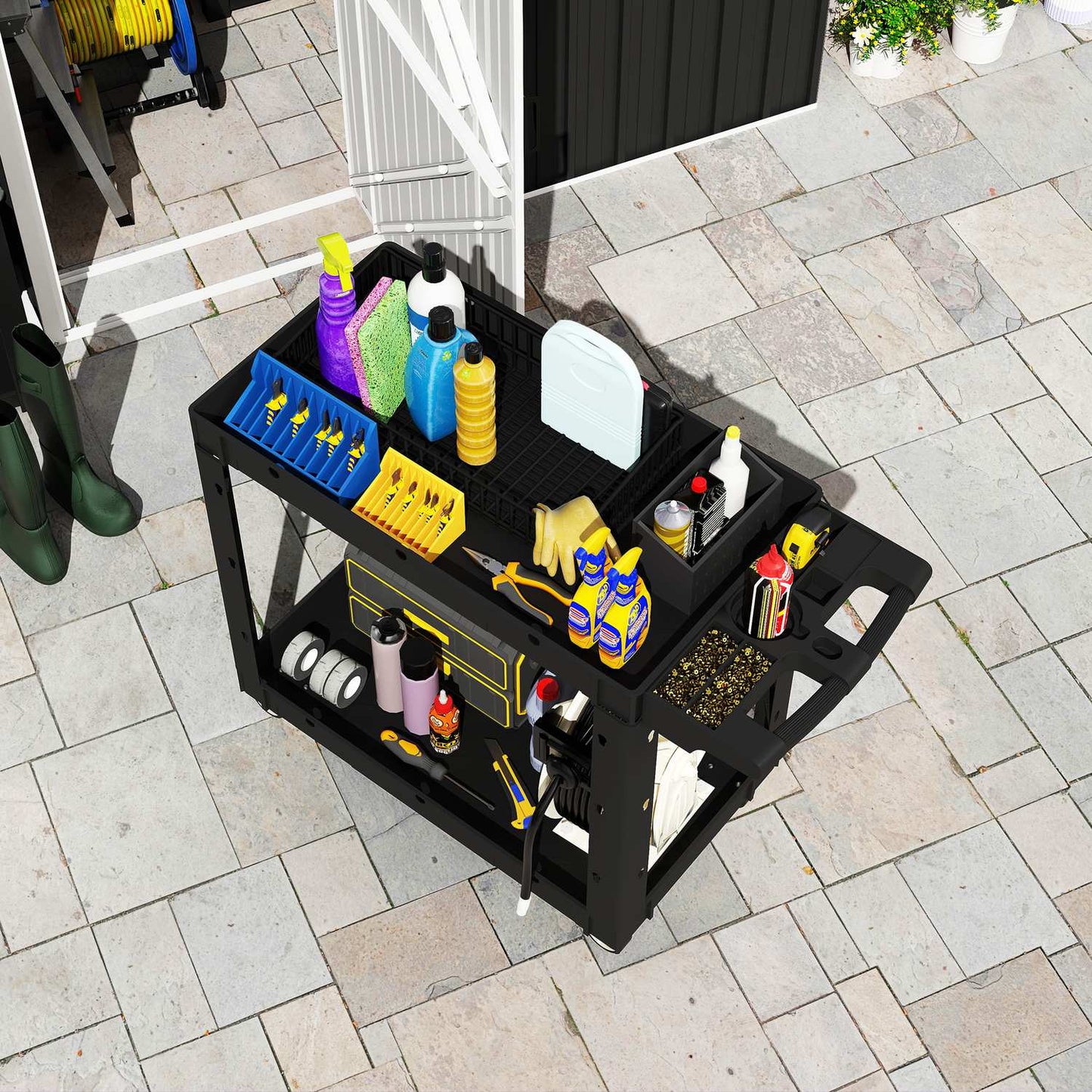 Tool Cart with 2-Tier Shelves, Handle & Wheels