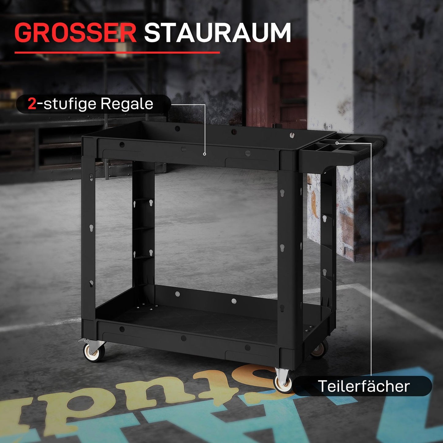 Tool Cart with 2-Tier Shelves, Handle & Wheels