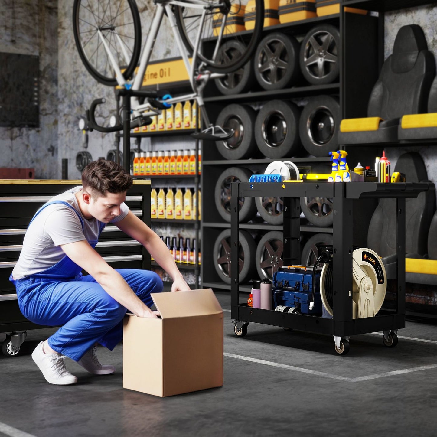 Tool Cart with 2-Tier Shelves, Handle & Wheels