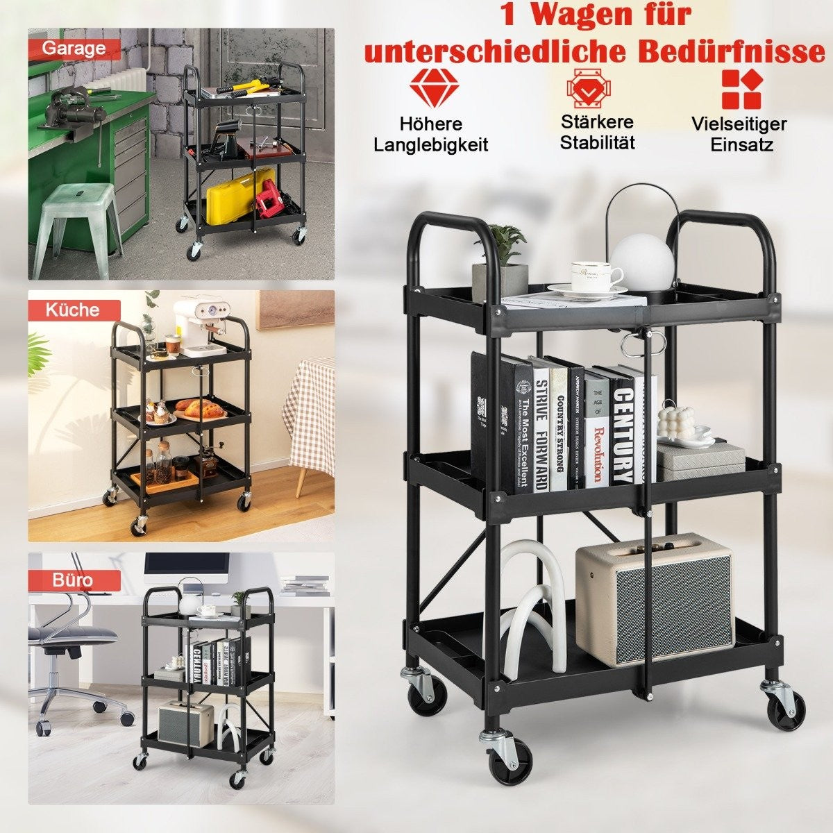 Tool trolley 3 levels folding trolley on wheels 61 x 44 x 96 cm black