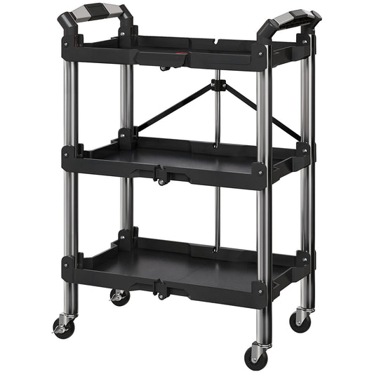 Tool trolley, foldable 3-tier tool cart, plastic, steel, black