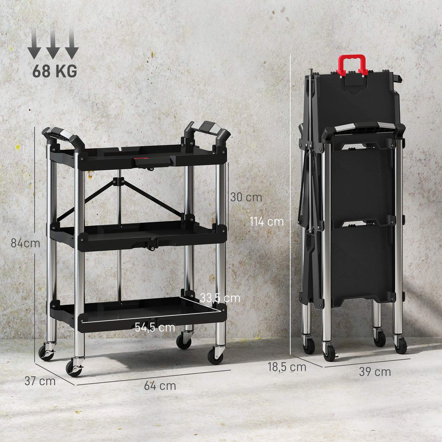 Tool trolley, foldable 3-tier tool cart, plastic, steel, black