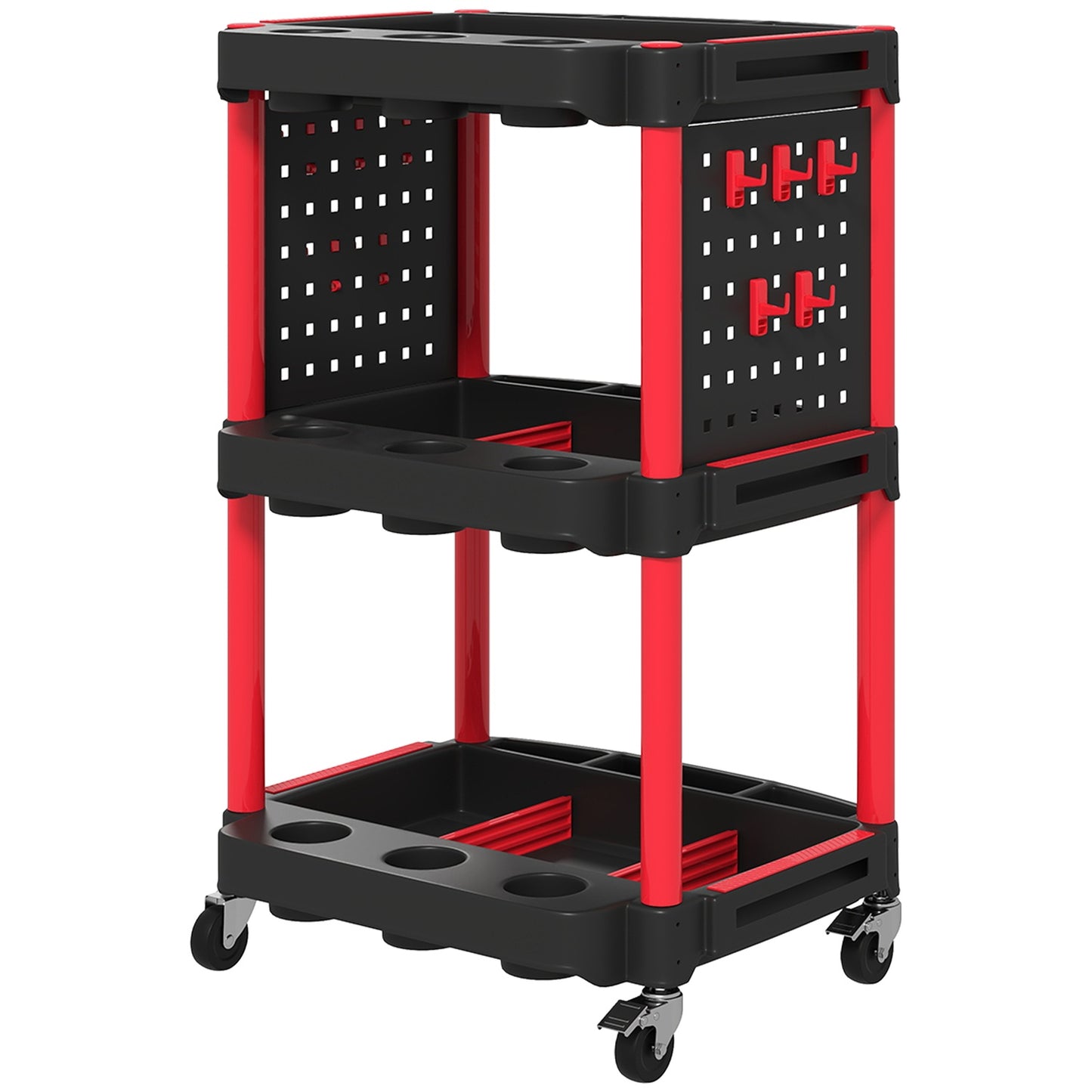 Tool Trolley, 3-Tier Shelves, 4 Wheels, Plastic, Red