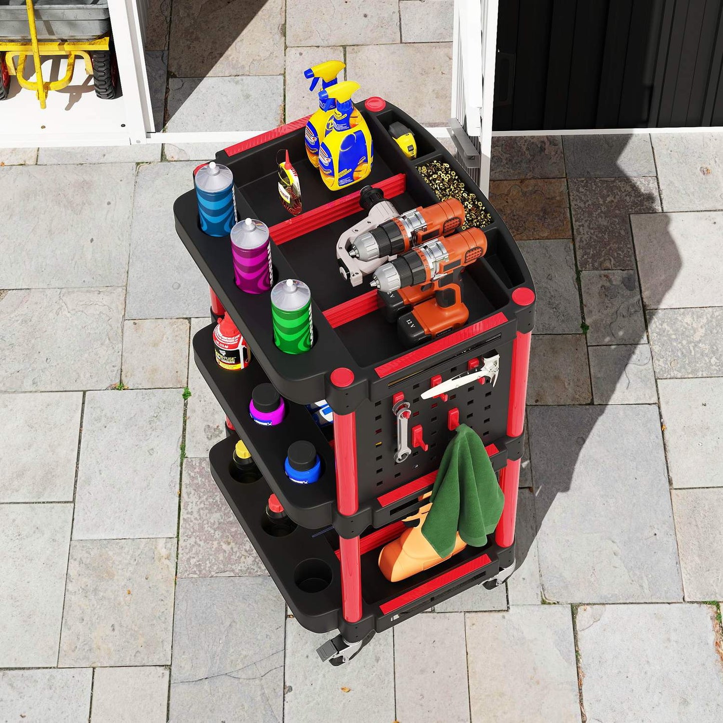 Tool Trolley, 3-Tier Shelves, 4 Wheels, Plastic, Red