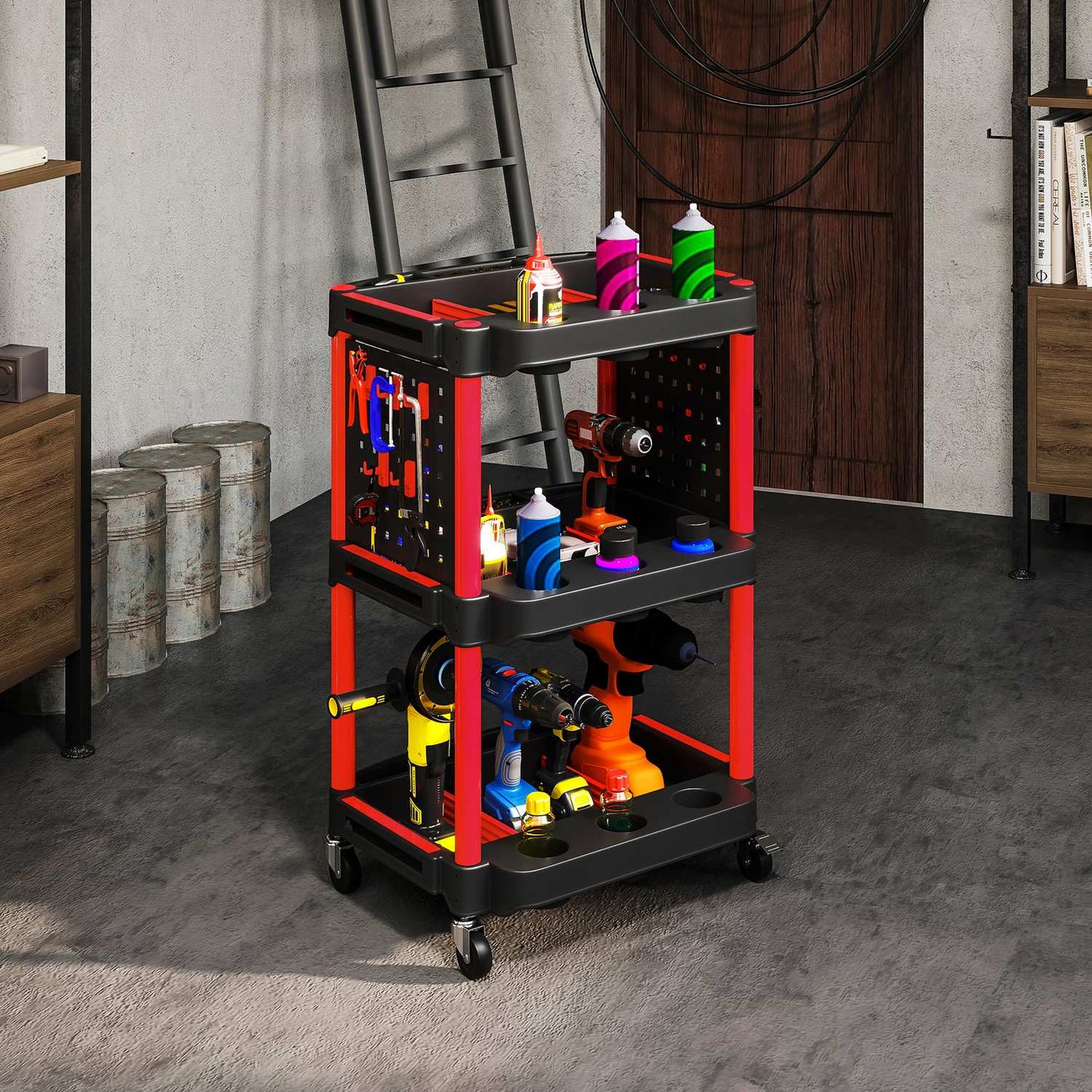 Tool Trolley, 3-Tier Shelves, 4 Wheels, Plastic, Red