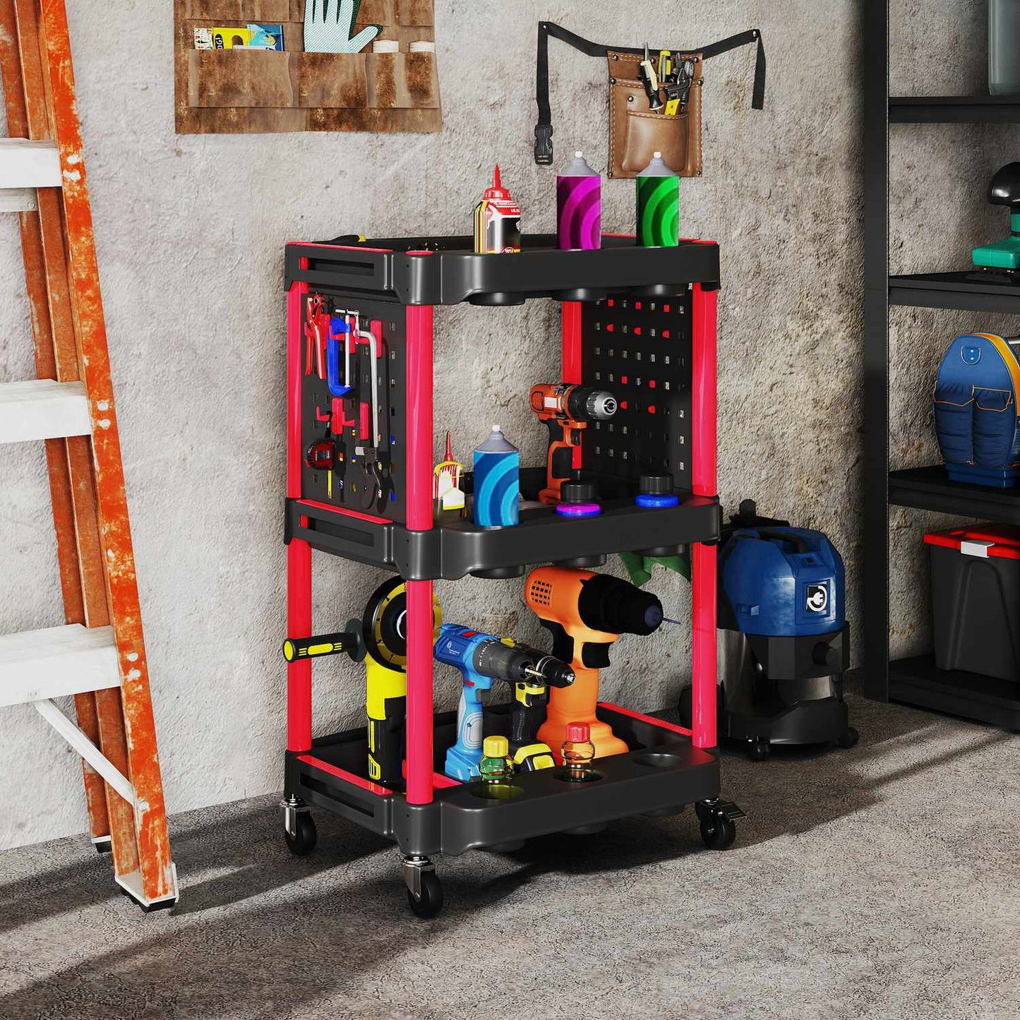 Tool Trolley, 3-Tier Shelves, 4 Wheels, Plastic, Red