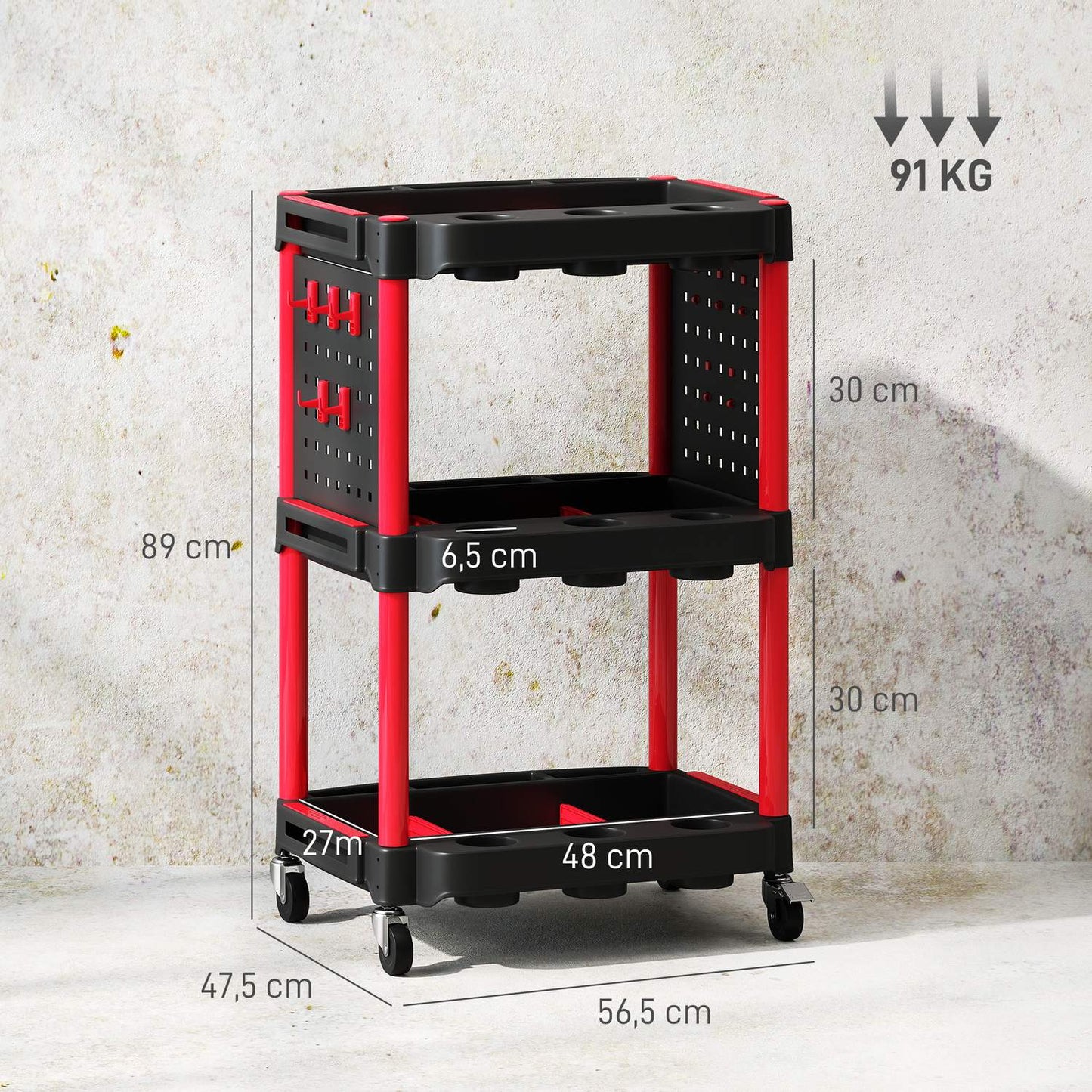 Tool Trolley, 3-Tier Shelves, 4 Wheels, Plastic, Red
