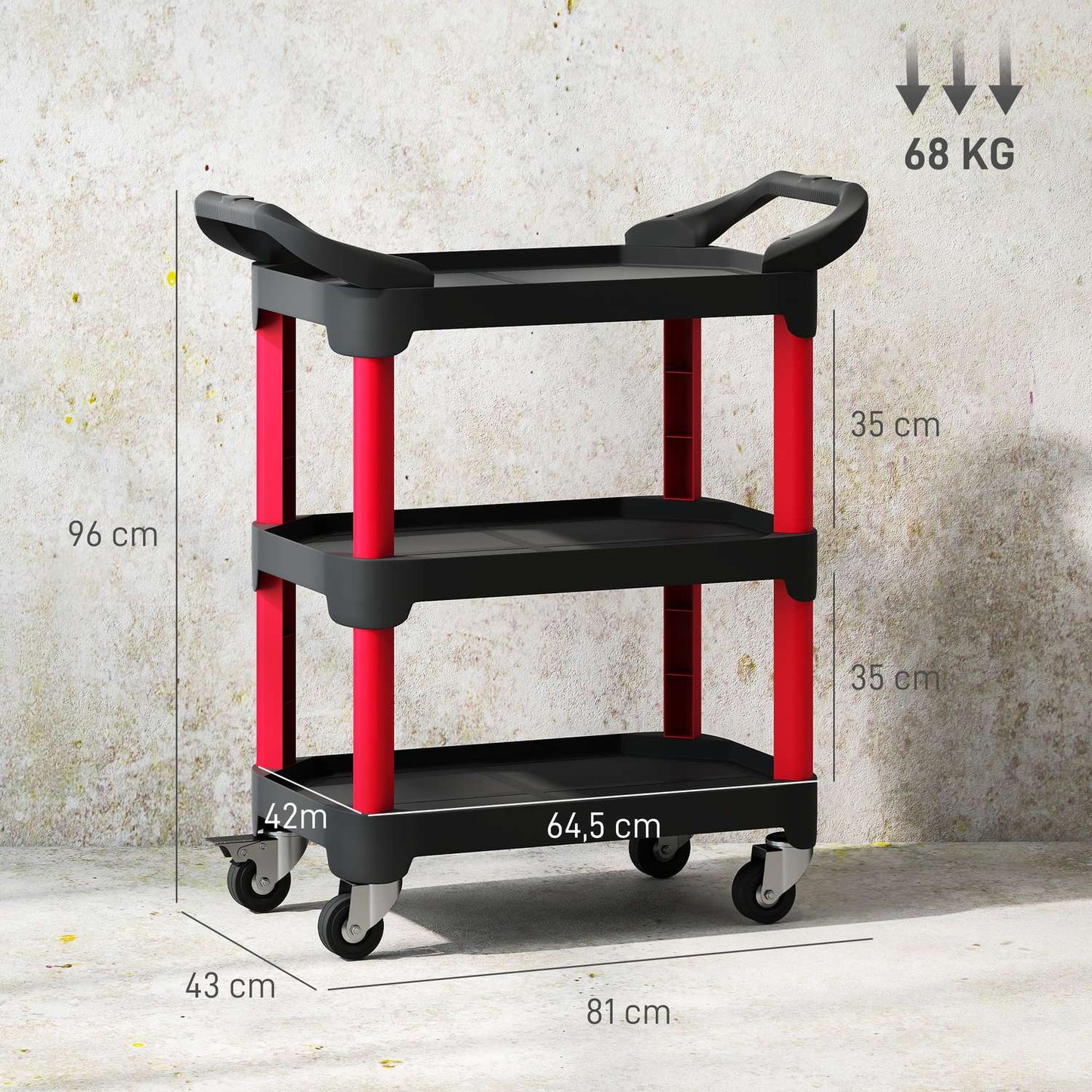 Tool Cart with 3 Shelves, Wheels, Side Handles, Black