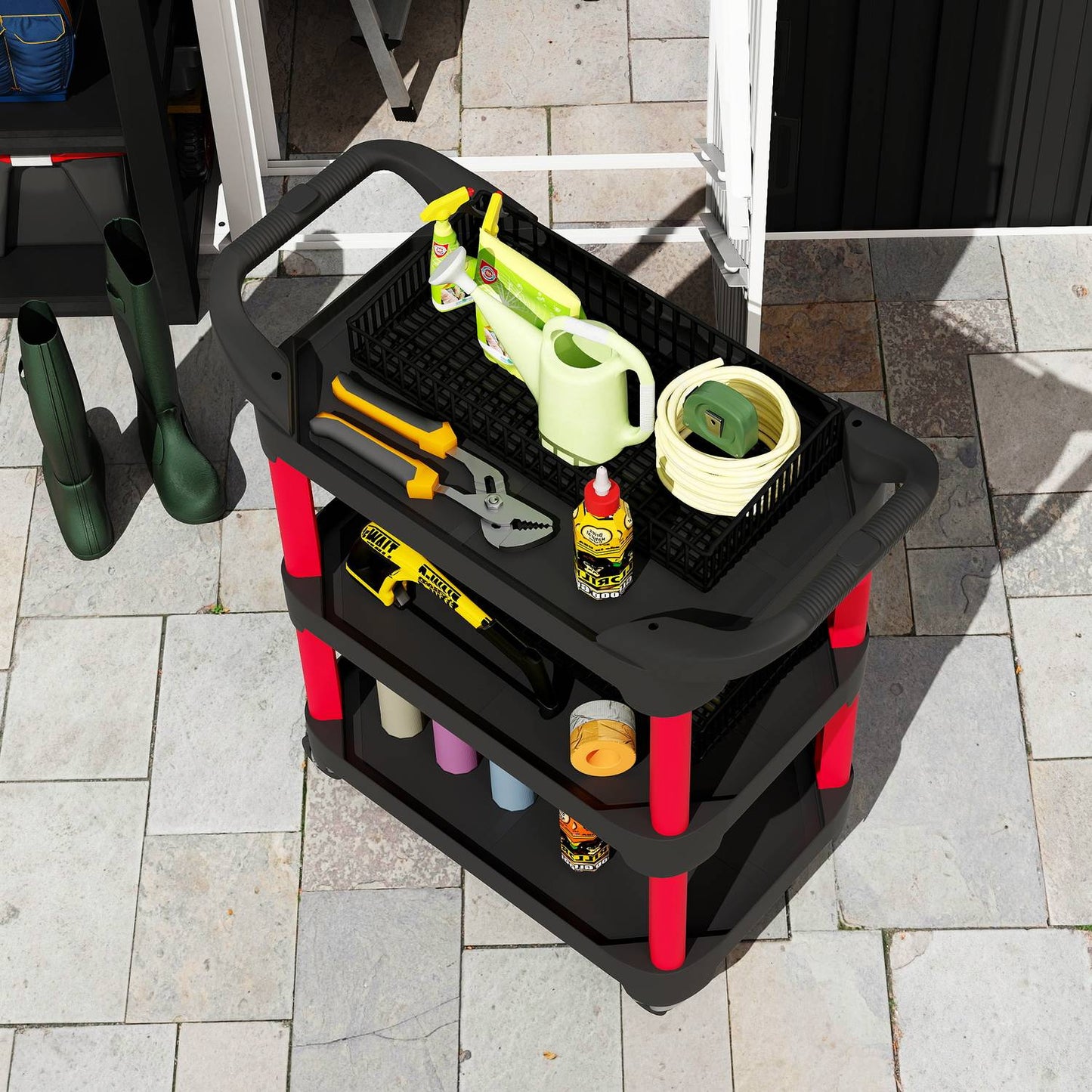 Tool Cart with 3 Shelves, Wheels, Side Handles, Black