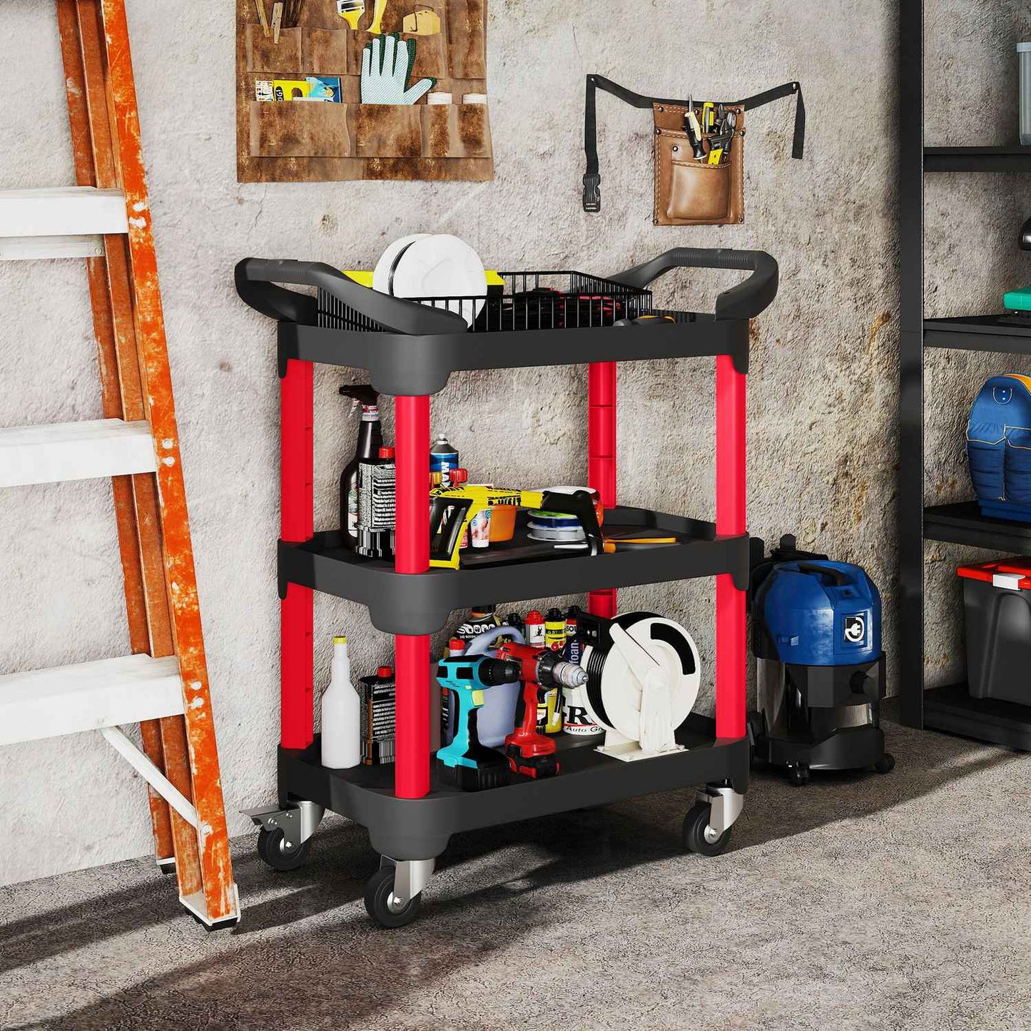 Tool Cart with 3 Shelves, Wheels, Side Handles, Black