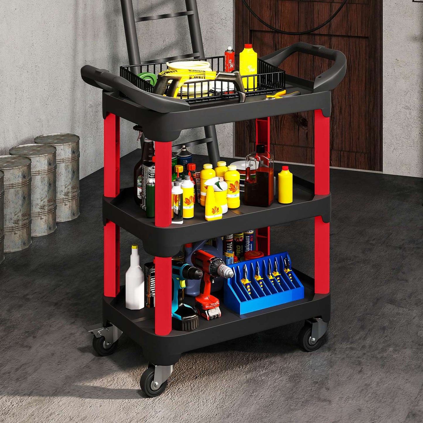 Tool Cart with 3 Shelves, Wheels, Side Handles, Black