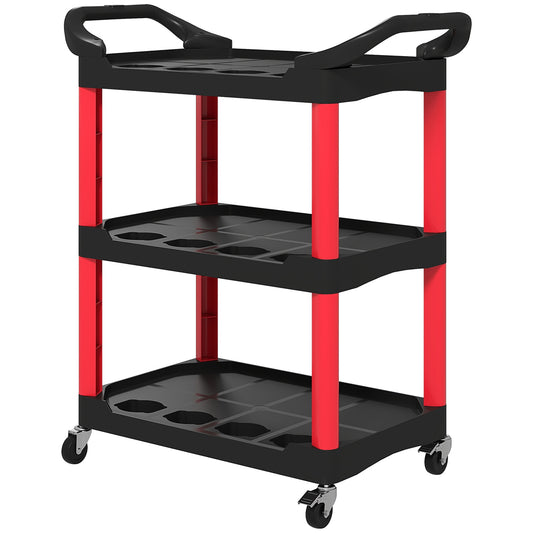 Tool trolley with 3 levels, side handles, wheels, plastic, red