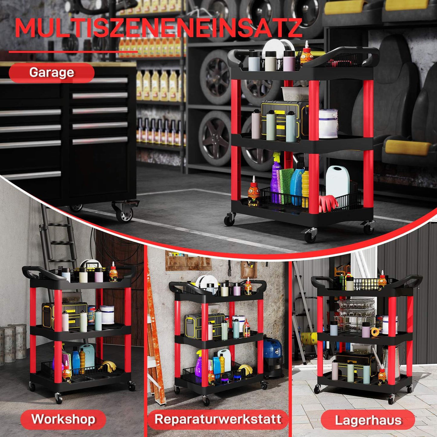 Tool trolley with 3 levels, side handles, wheels, plastic, red