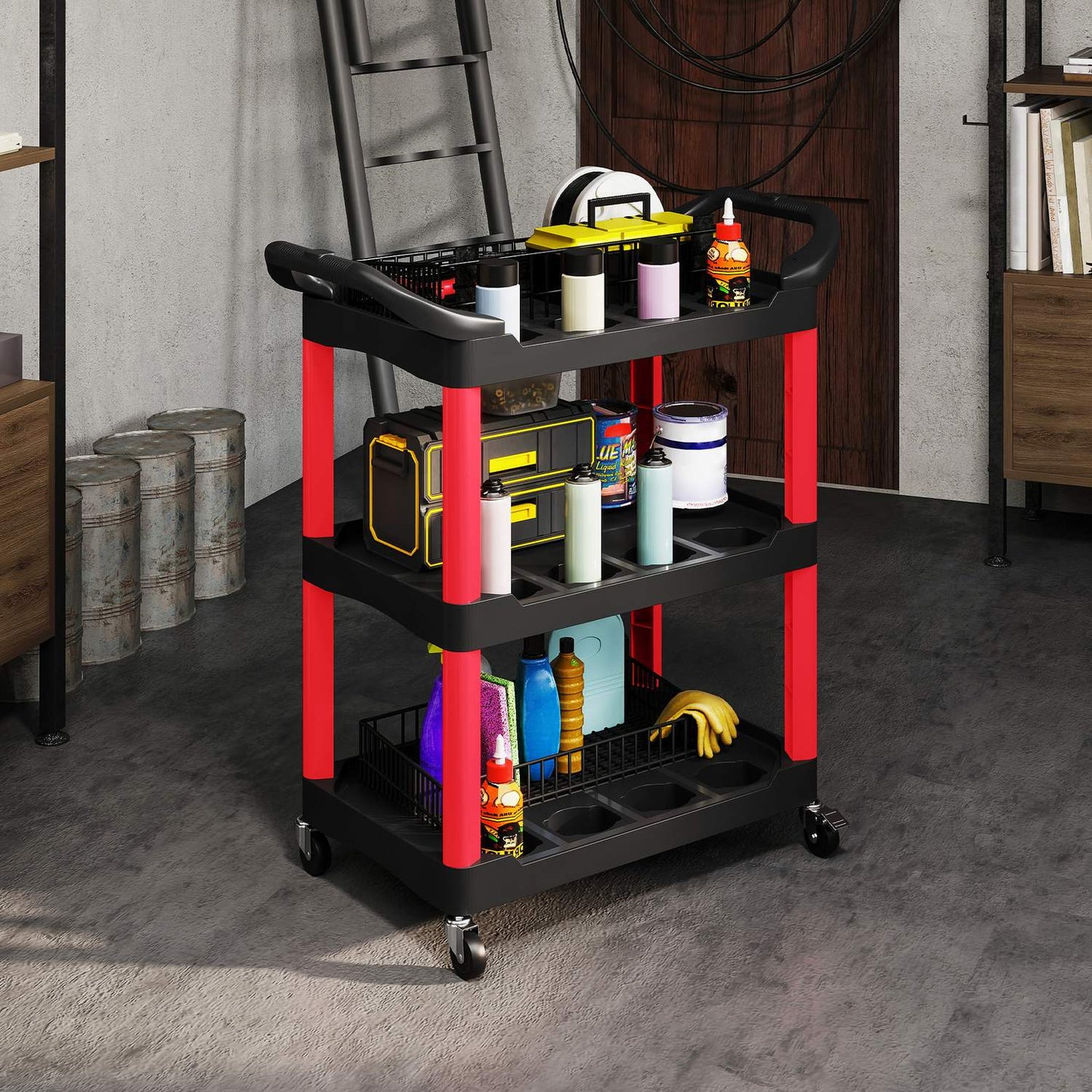 Tool trolley with 3 levels, side handles, wheels, plastic, red