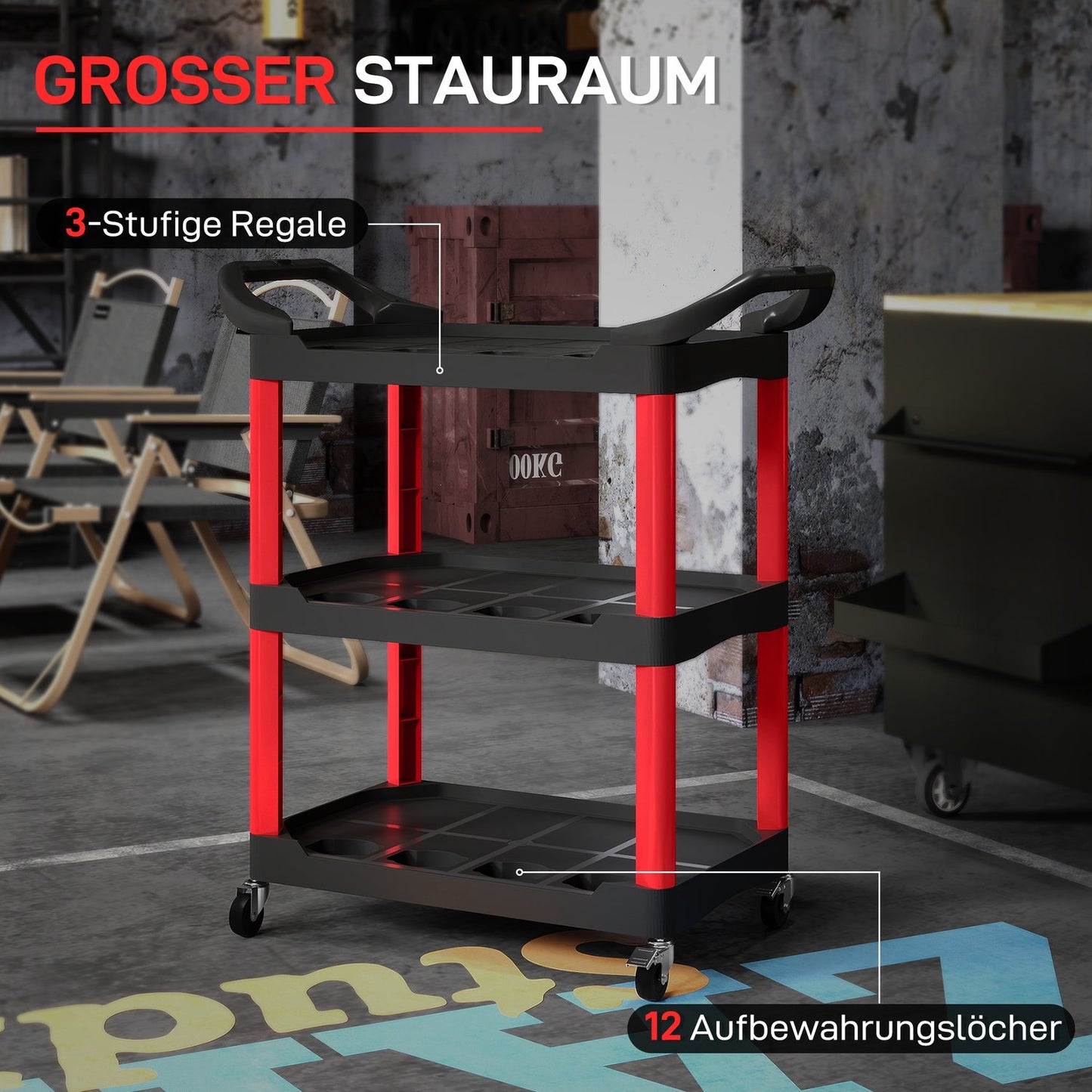 Tool trolley with 3 levels, side handles, wheels, plastic, red