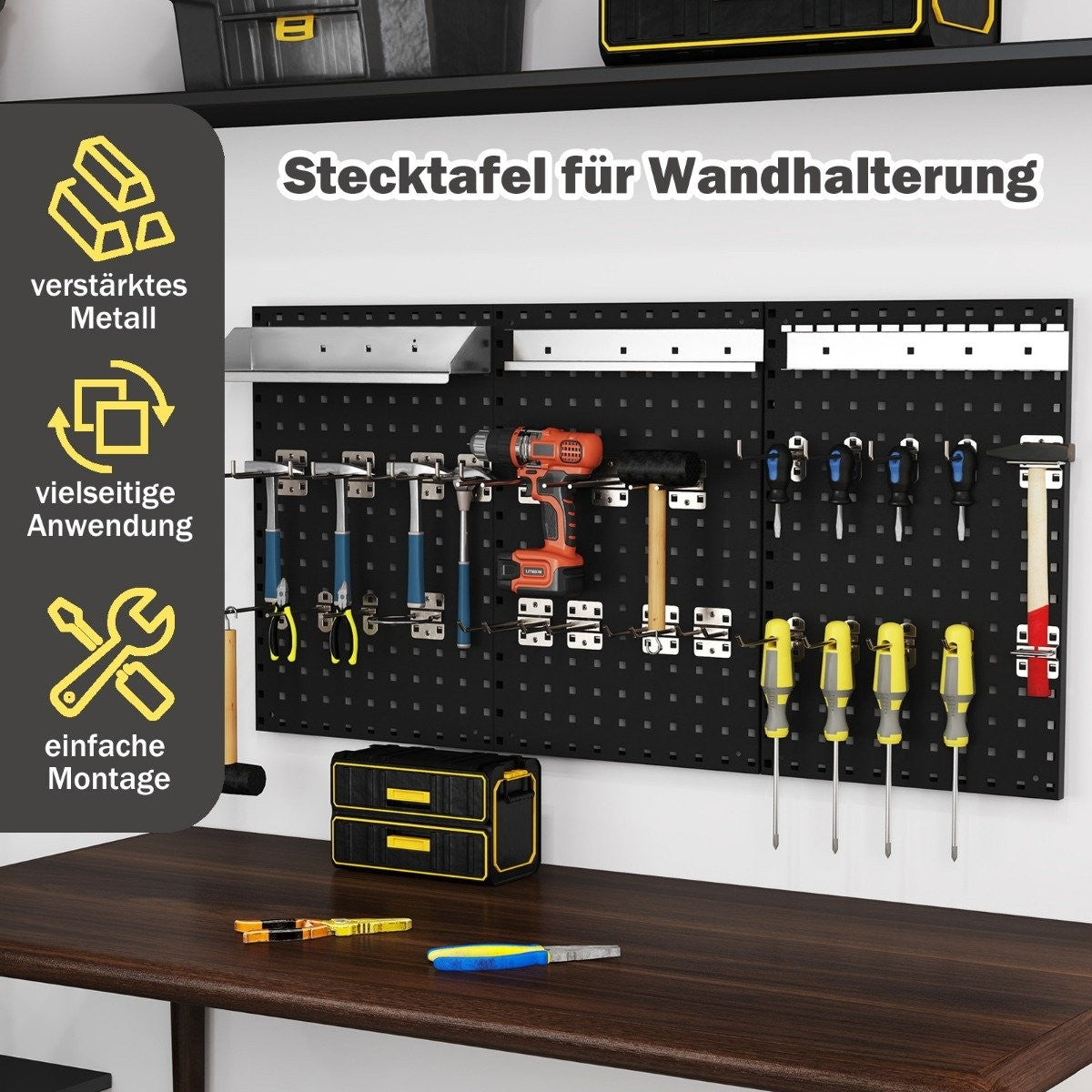 Tool wall tool perforated wall with 3 pegboards &amp; 28 Piece Hanging Accessories Black