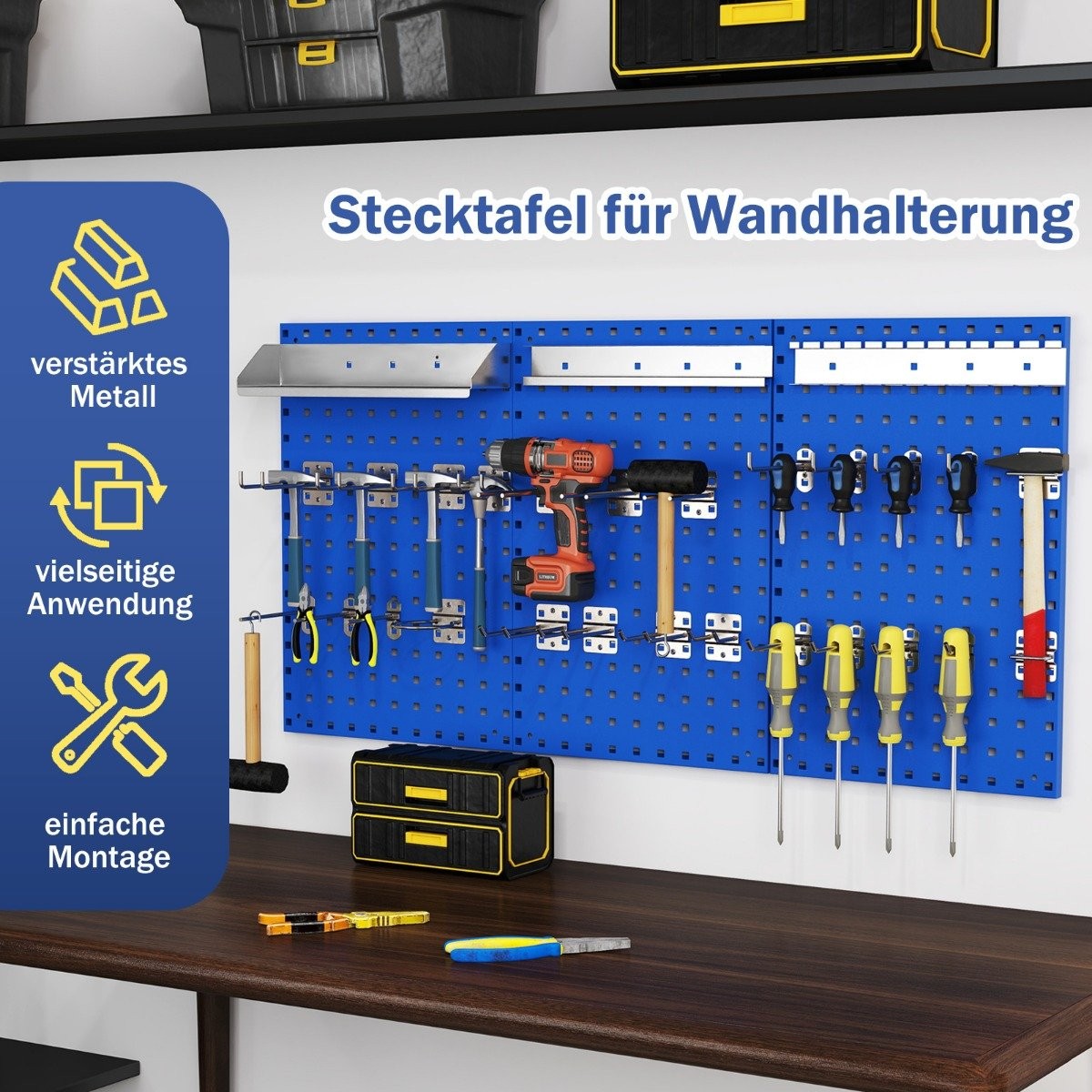 Tool wall tool perforated wall with 3 pegboards &amp; 28 Piece Hanging Accessories Blue