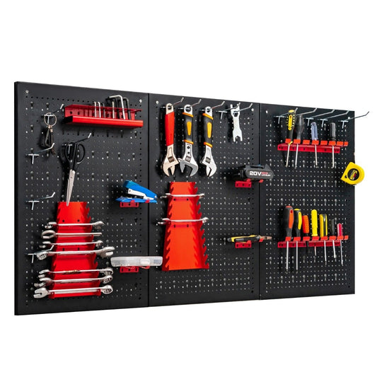 Tool wall with 25 hanging accessories storage system tool holder assortment 3 perforated panels 120 x 60 cm