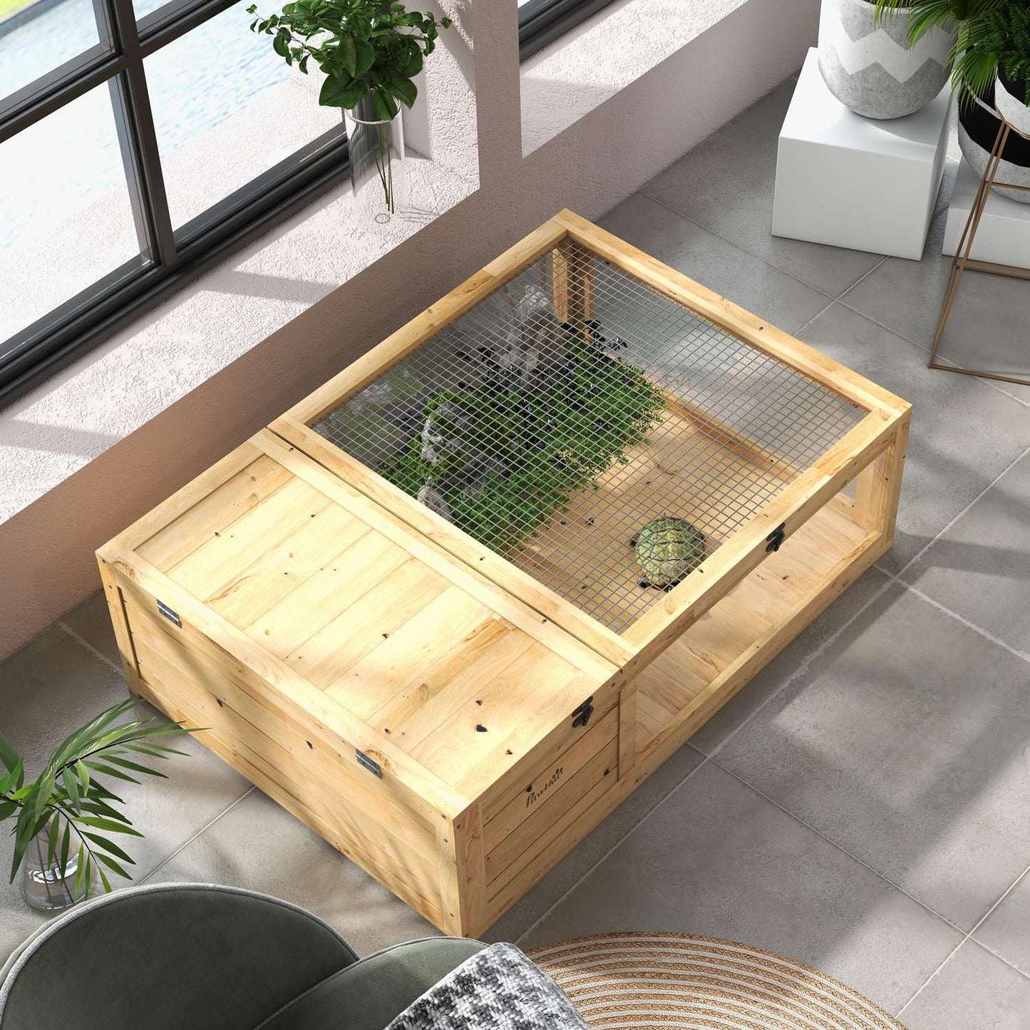 Tortoise Enclosure with Two Zones, Fir Wood, 91x60.5x32 cm